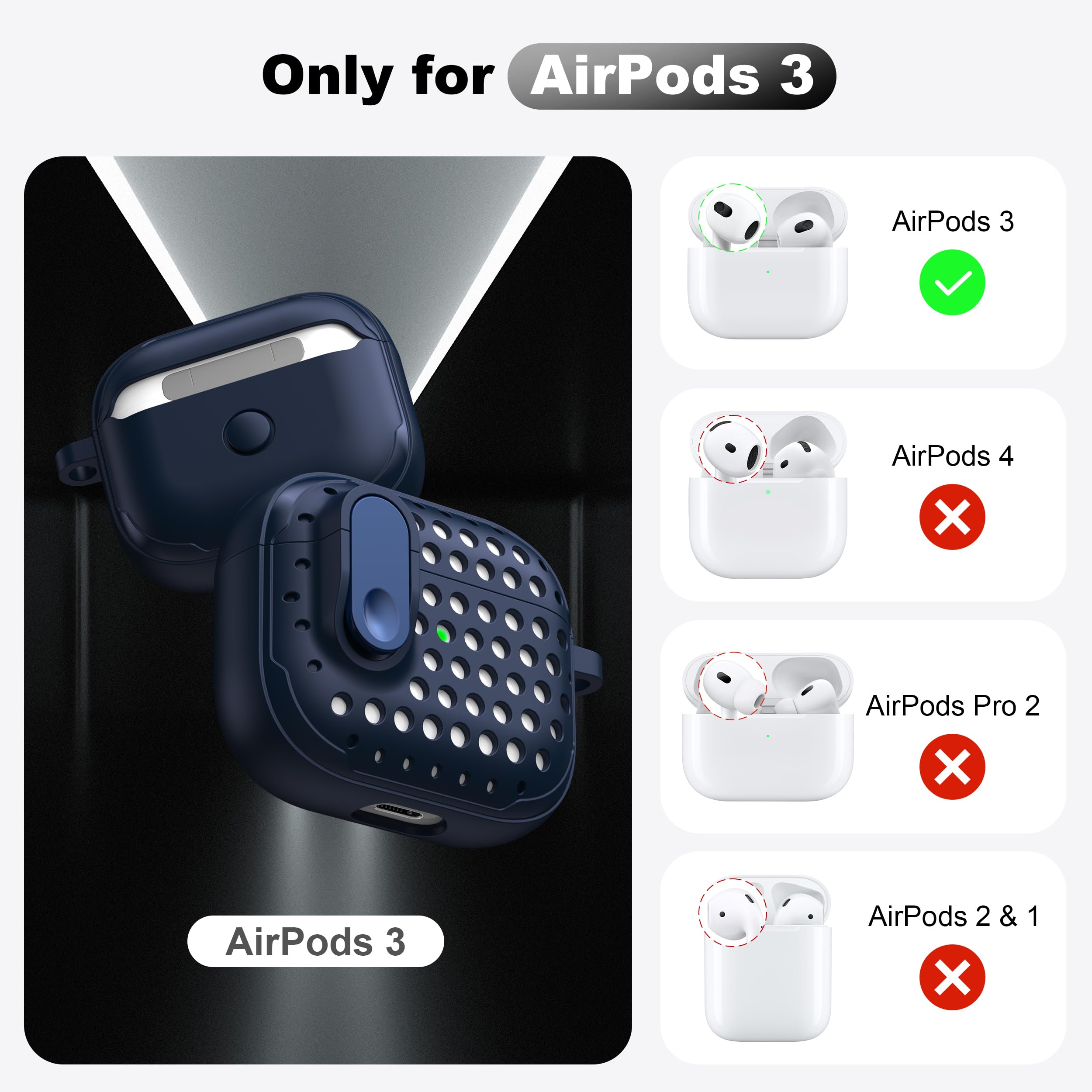RFUNGUANGO Compatible with AirPods 3 Case, Anti-Fall Lock Design, Powerful Drop Protection, Personalized Hollow Style Compatible with AirPods 3rd Generation Charging Case(2021),Hole Blue — view 5