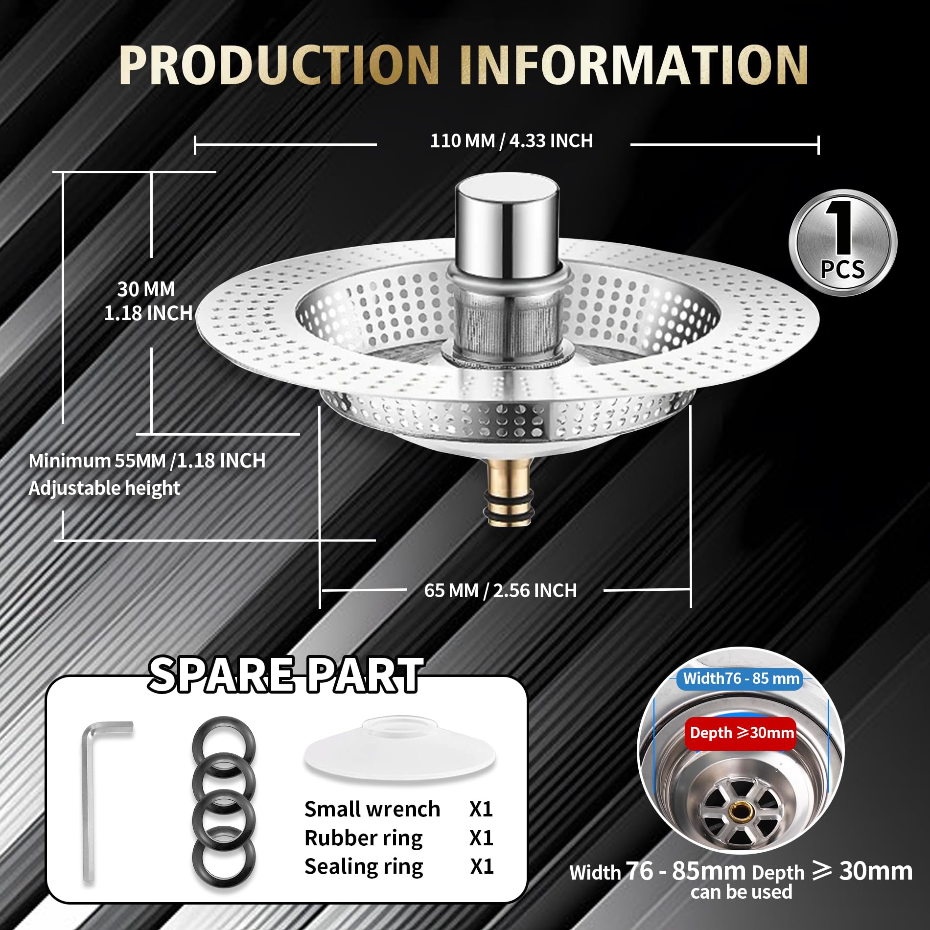 3 Filtri Tappi Scarico Per Lavandino Bagno, In Acciaio Inox, Per Fori 2,8-3,3 Cm, Anti-intasamento - 2