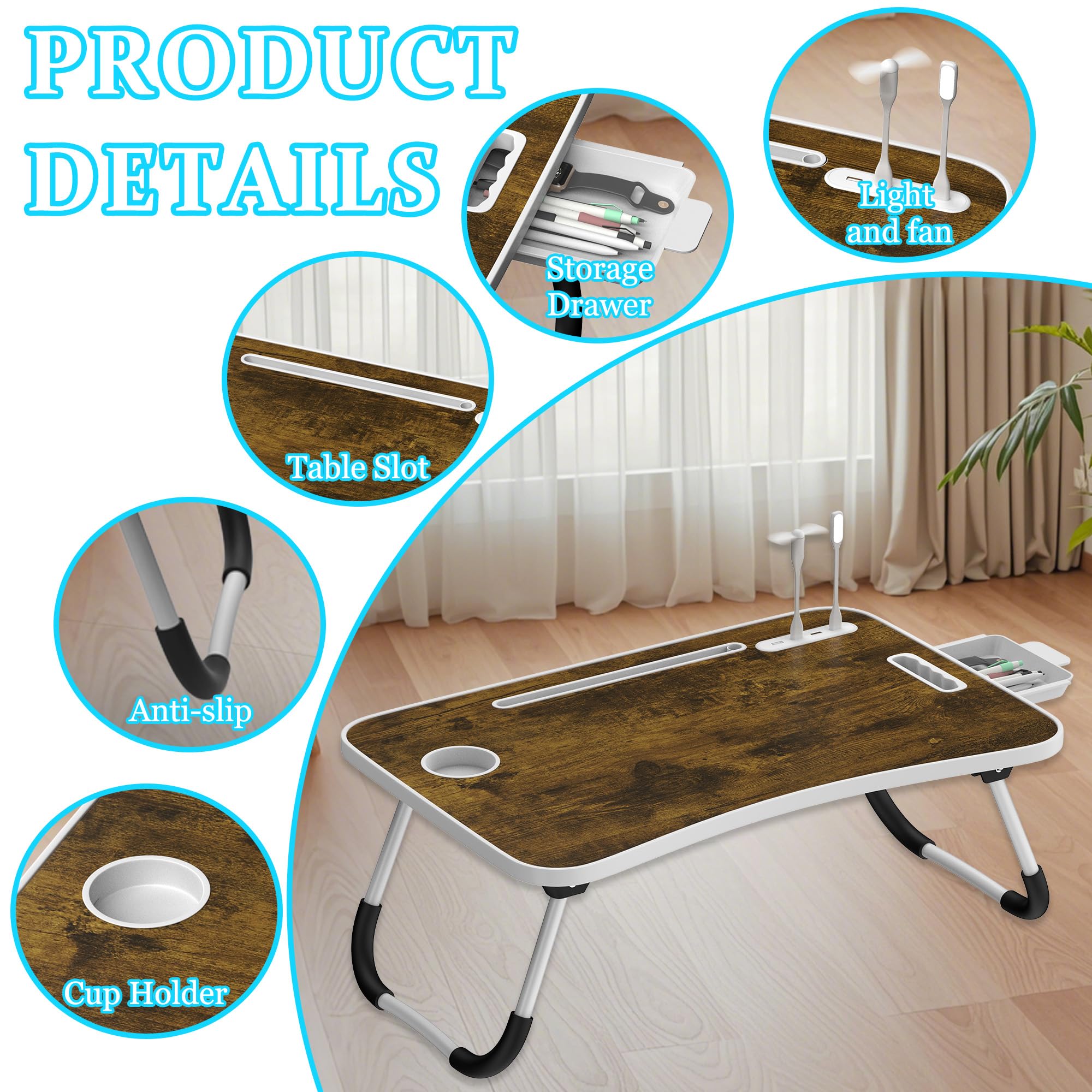 Soontrans Plateau de Lit 60x40x28 cm, Table de lit, Pliable, Support Ordinateur Portable Lit avec Tablette Support, Tiroir, Porte Gobelet, Poignée, pour Lit, Canapé, Sol, étude, Travail (Brun Foncé)