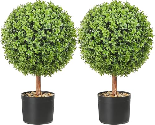 Miniatura 1 de VEVOR Topiarios artificiales de boj, 24 pulgadas de alto (2 piezas), planta de topiarios falsos en forma de bola con macetas, planta de plumas