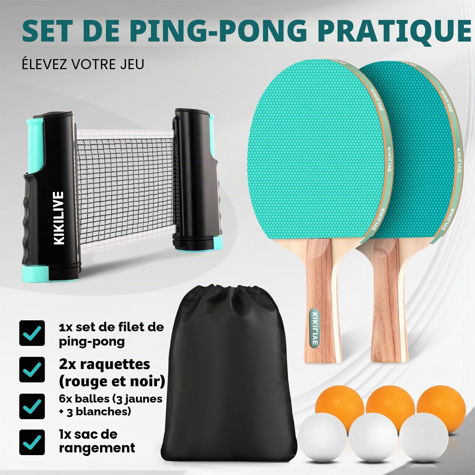 Set De Tennis De Table Portable – Filet Extensible 150 Cm – 2 Raquettes – 6 Balles – Sac Transport – Intérieur/Extérieur – Débutants/Famille