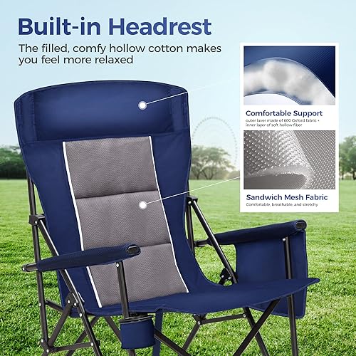 Miniatura 5 de ALPHA CAMP Sillas de campamento resistentes con respaldo alto con portavasos, silla plegable de gran tamaño con reposacabezas, césped con bolsillo