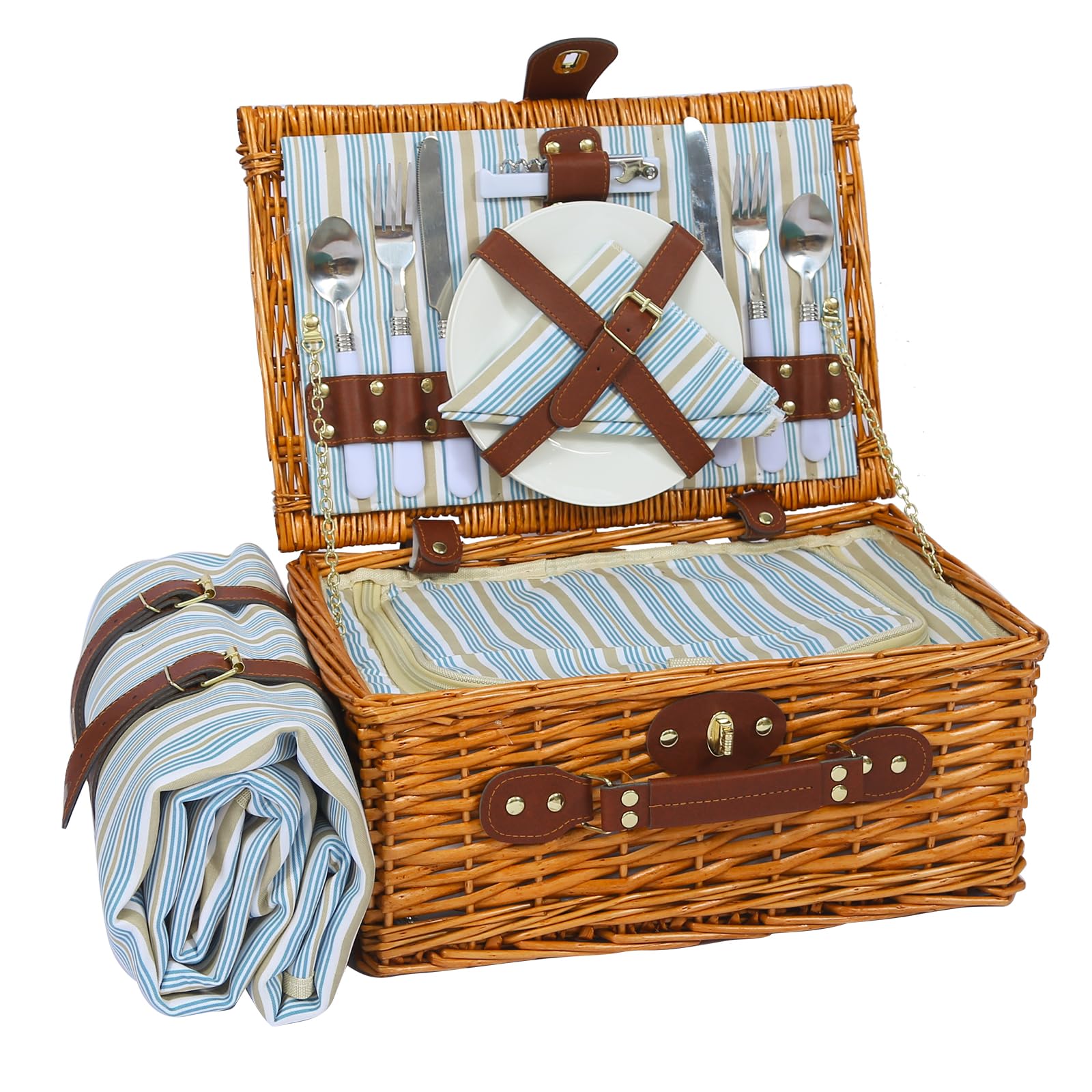 Picknickkorb Set für 2 Person mit Kühlfach und wasserdichte Picknickdecke, Abnehmbarer Riemen, Weinbeutel, Besteck Set, für Camping, Strand, Wandern, BBQ und Familie/Paare Geschenke, Zubehör