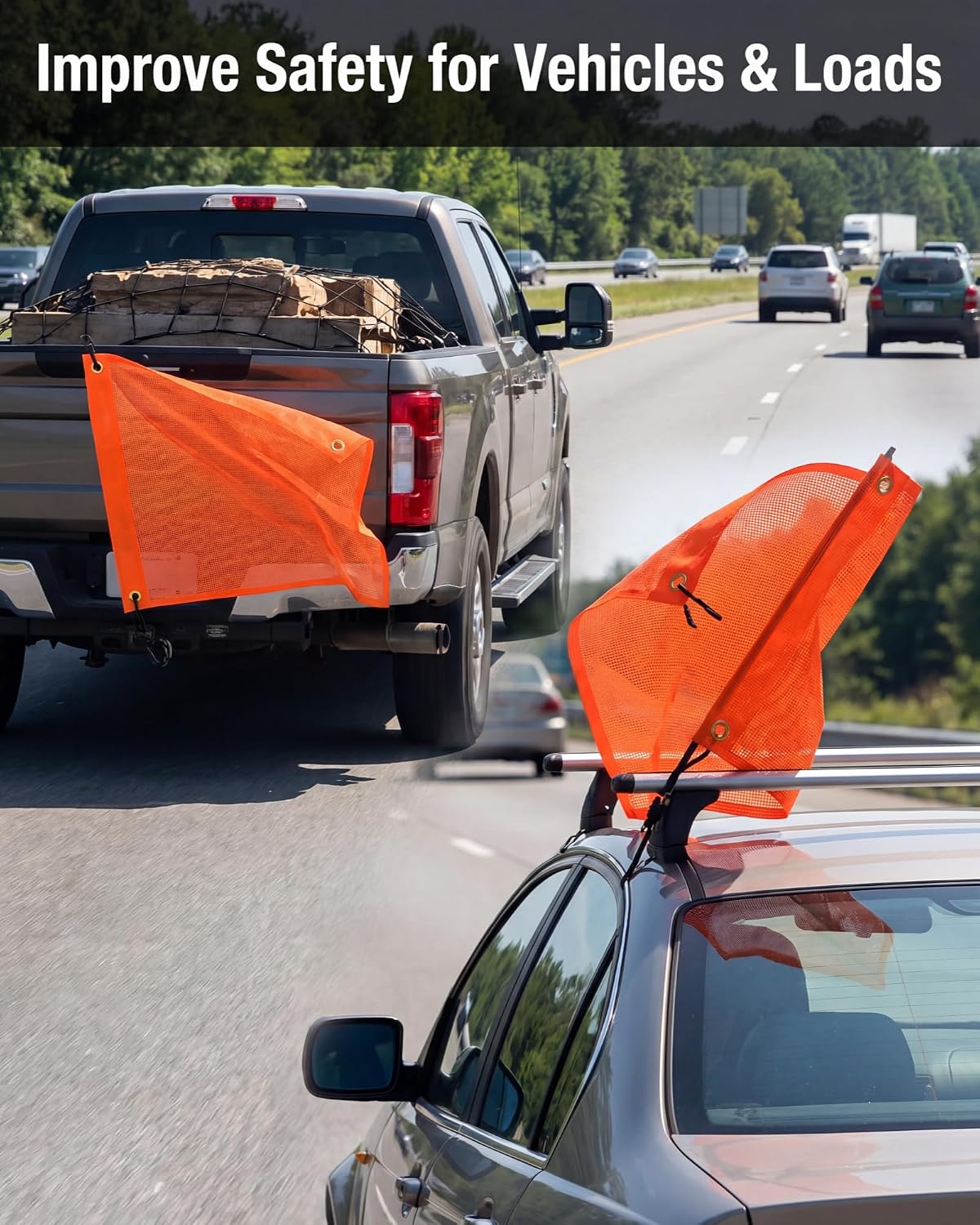 2 Pack 18x18 Orange Mesh Safety Flags for Truck Trailer | Weatherproof UV Resistant, Grommets, Bungee Cords, High Vis Orange, Windproof, Truck Hauling Transport