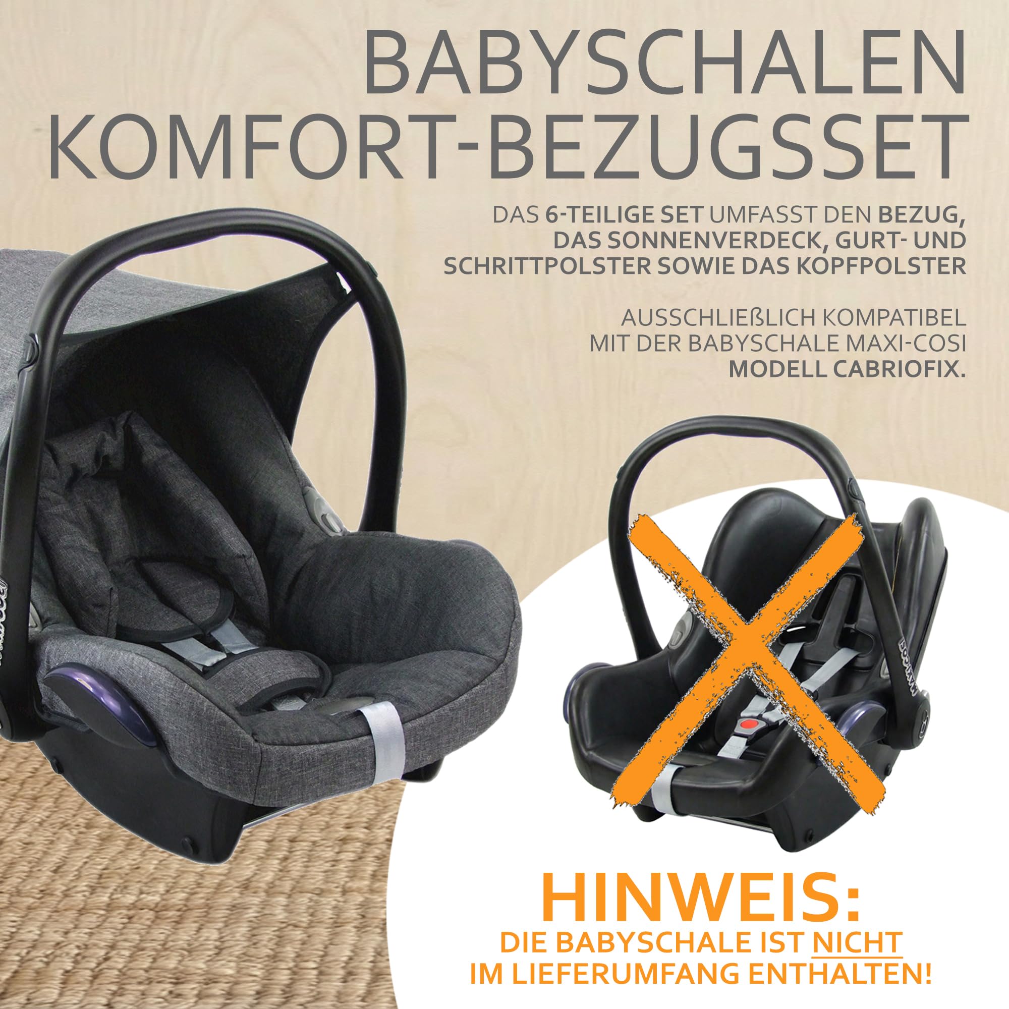 Ersatzbezug Babyschale kompatibel mit Maxi-Cosi Cabrio Fix grau/beige | 6-tlg Komplett-Set, inkl. Sitzbezug, Gurtpolster, Sonnenverdeck & Kopfstütze, gepolstert