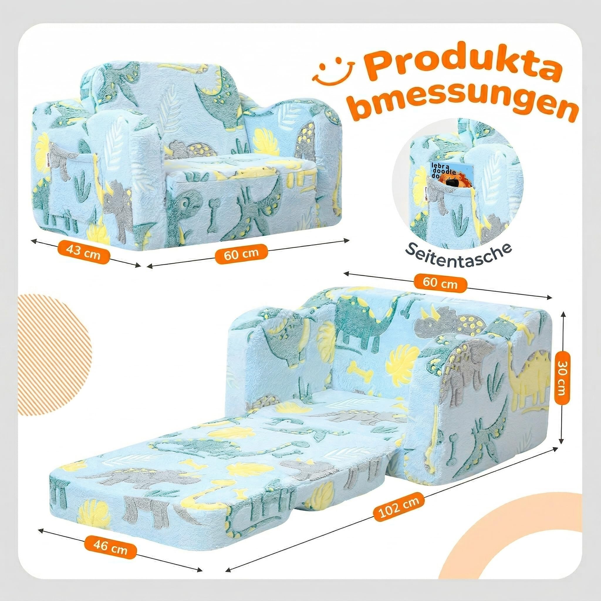 MeMoreCool Kindersofa Ausklappbar, 2-in-1 Kleinkinder Schlafsofa, Kindersessel mit Schlaffunktion, Mini Couch für Kuschelecke Kinderzimmer, Fancy Spielsofa für Mädchen und Jungen, Blau Dinosaurier