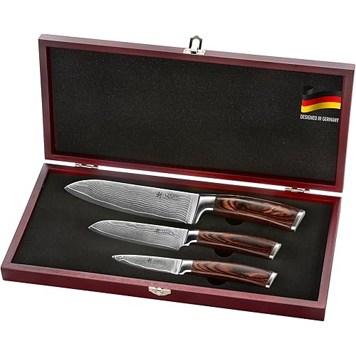 Wakoli EDIB 3-Piece Damascus Kitchen Knife Set in Wooden Gift Box – Sharp Knives Set made of Genuine Damascus Steel (VG10 Core) – Santoku, Small Santoku & Paring Knife – Ergonomic Pakkawood Handles