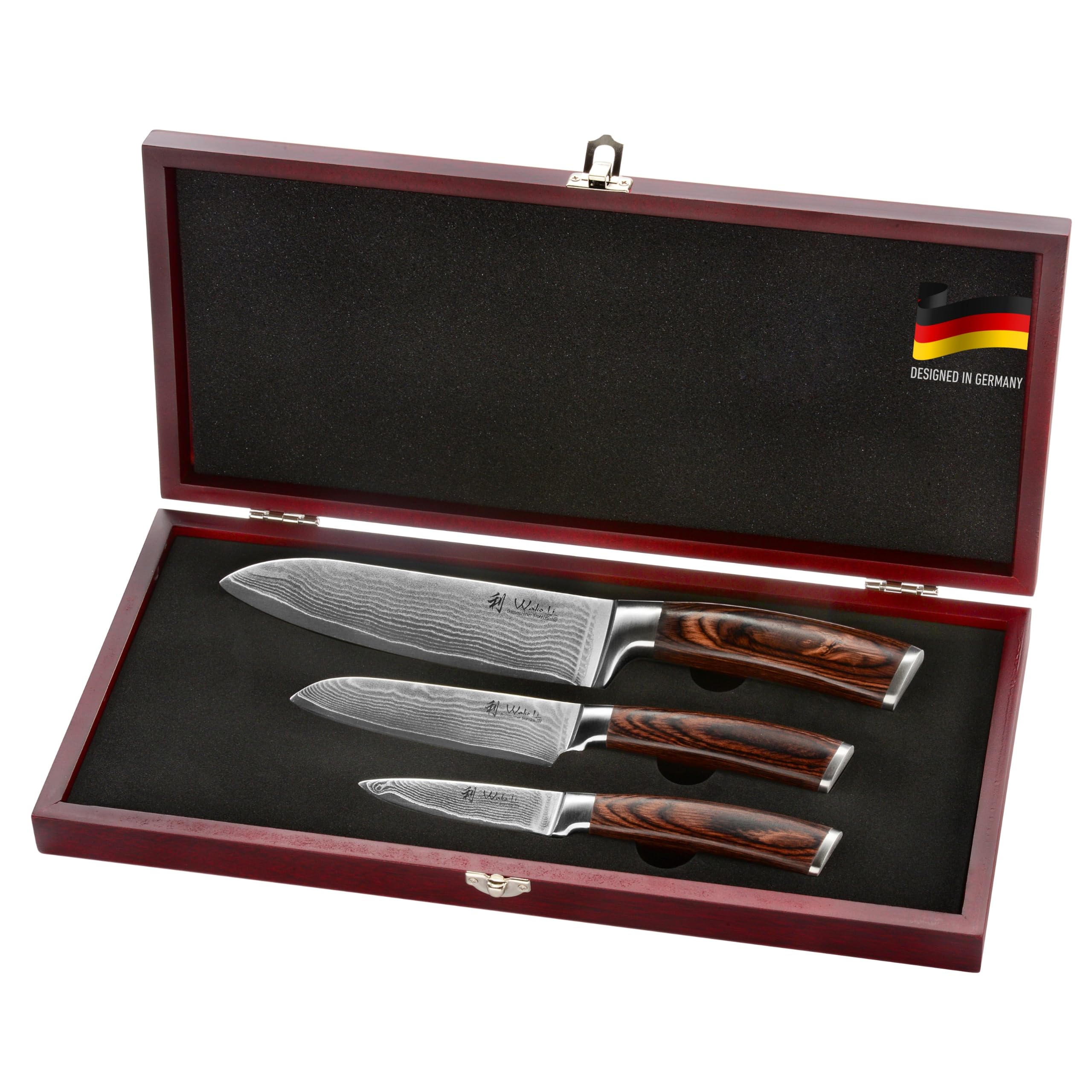 Wakoli EDIB Chef Knife Set 3-Piece – Japanese Style Damascus Kitchen Knives | Genuine Damascus Steel Blades with VG10 Core | Ergonomic Pakkawood Handles | Professional Knife Set in Wooden Gift Box