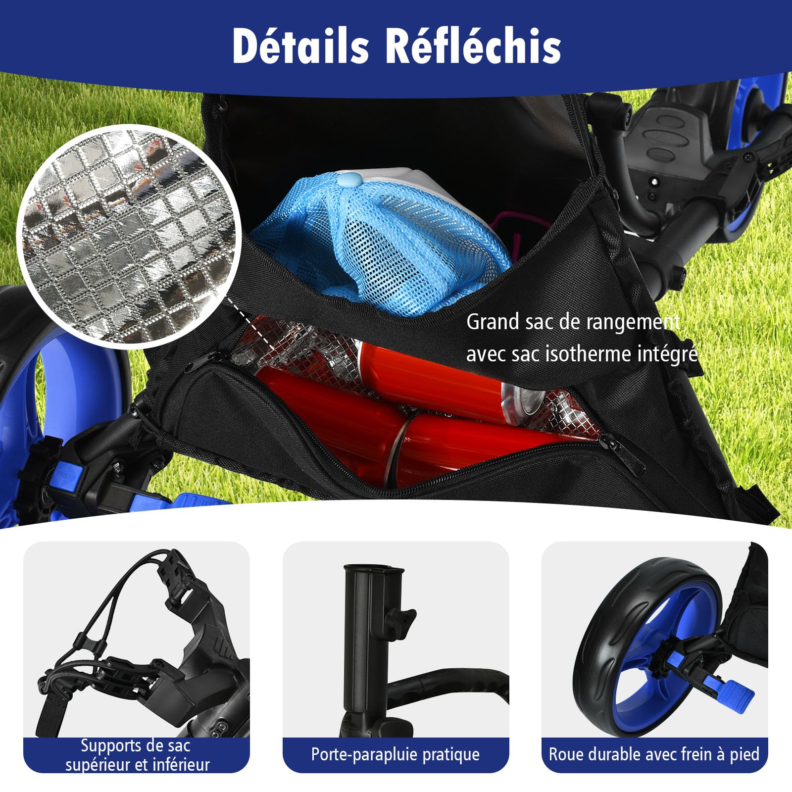 GYMAX Chariot de Golf à 3/4 Roues, Caddie de Golf Pliable Manuel, Porte-Sac, Porte-Parapluie, Cadre Robuste en Aluminium Pliable, Poignée Réglable, Tableau d'Affichage, Porte-Boisson