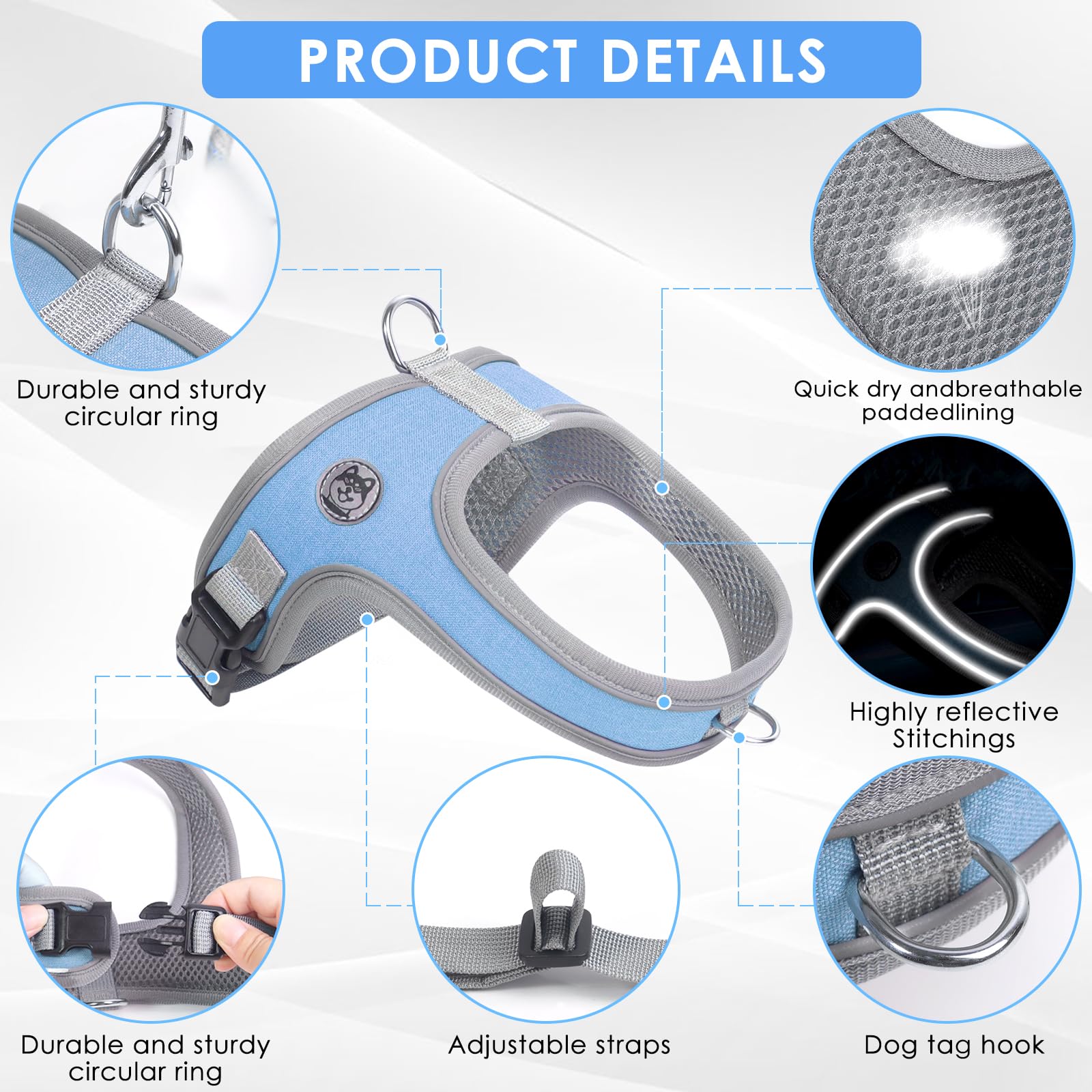 Dog Harness and Leash Set, No Pull Saddle Style Pet Harness, Breathable Mesh Adjustable Reflective Dog Vest for Dogs and Cat Medium Small Harness 2 D-Rings (Blue, L) - image 2