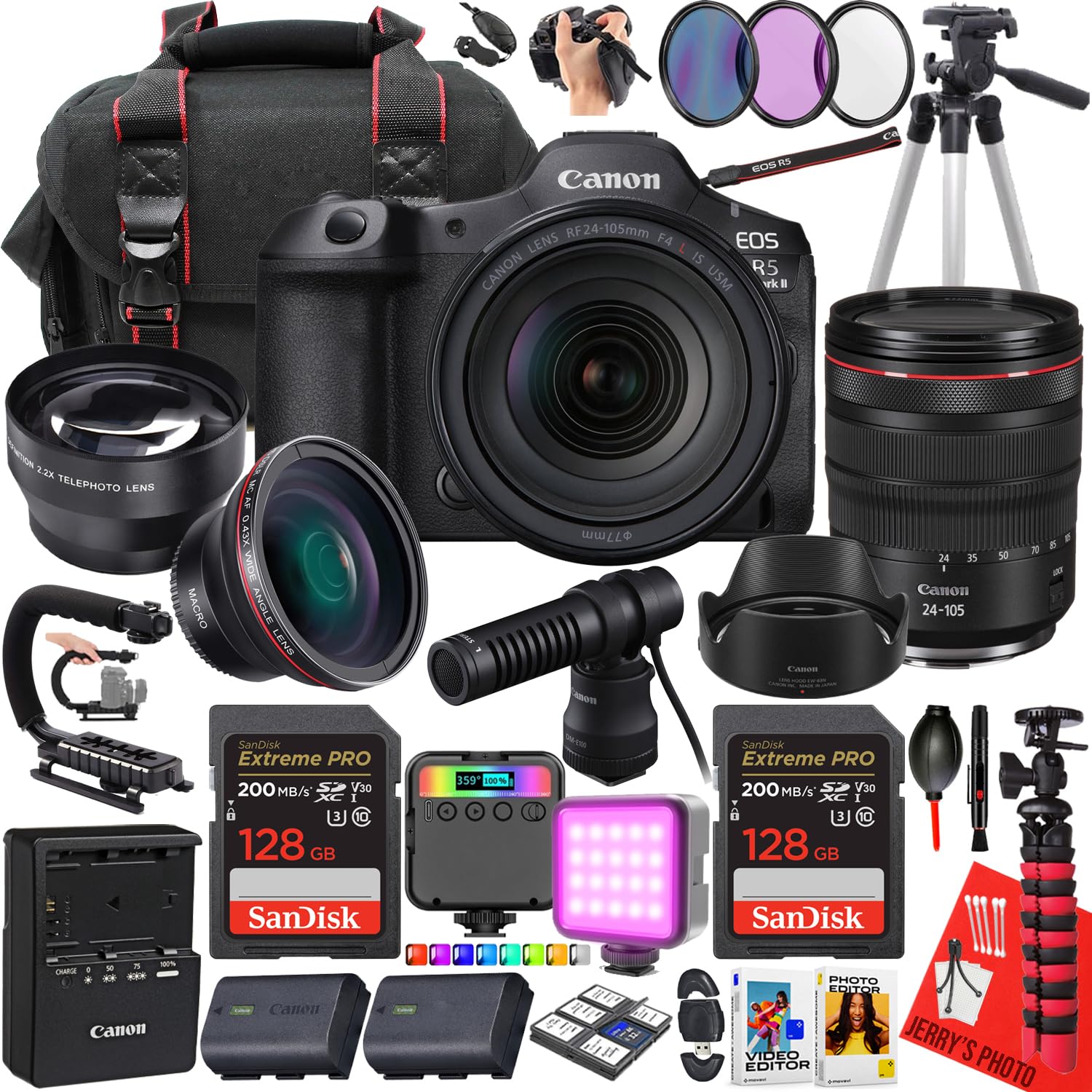 Canon EOS R5 Mark II Mirrorless Camera with Canon RF 24-105mm f/4 L is USM Lens + 2pc 128 GB Memory + Canon DM-E100 Microphone + LED Light + More (30pc Bundle) (Renewed)