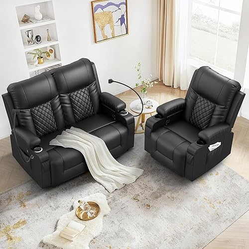 Miniatura 8 de Juego de sofá reclinable con 2+1 piezas para sala de estar, sofá reclinable de 2 plazas en cuero, 1 silla reclinable con asiento de sofá individual