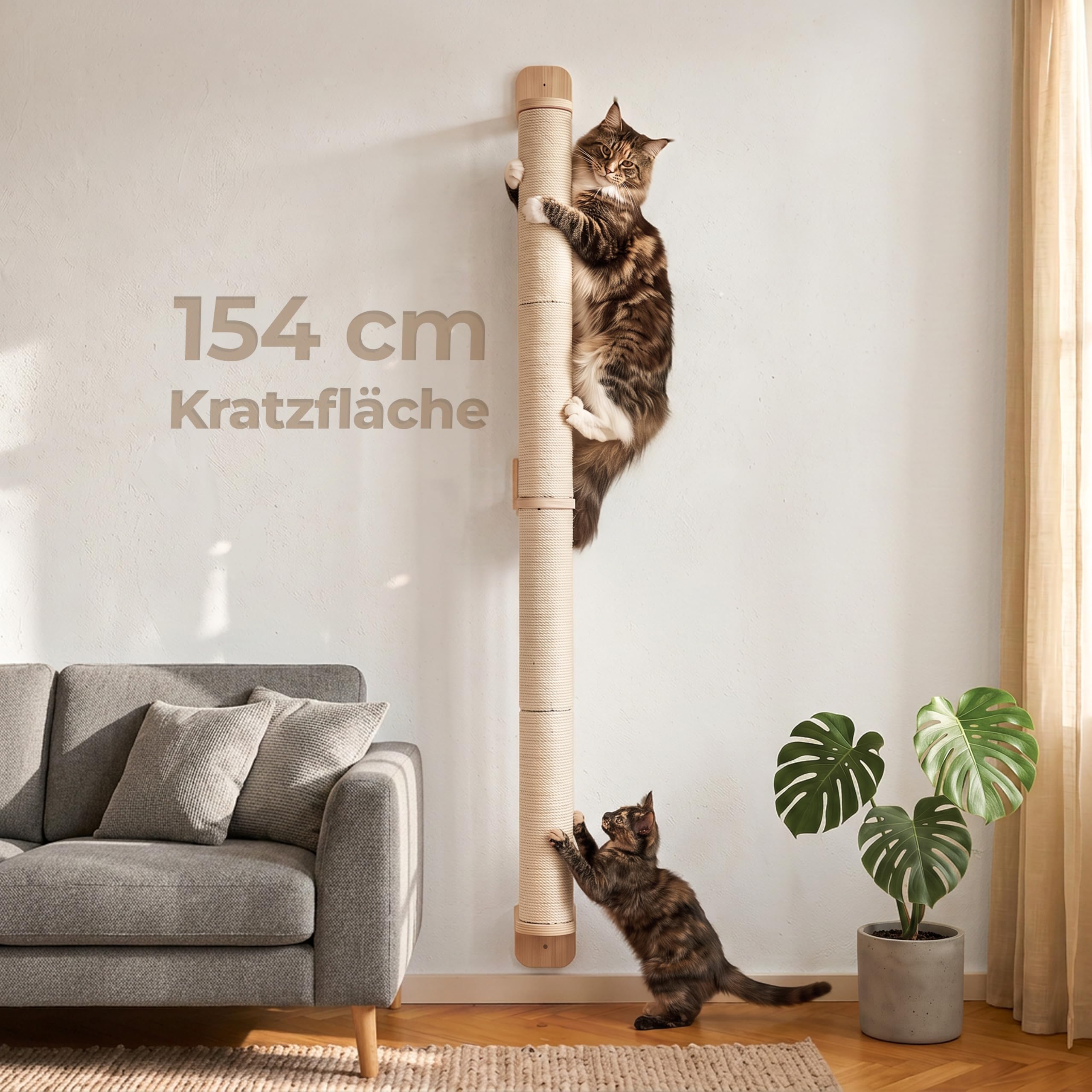 WOOWOOD Kratzsäule XXL 154 cm, Kratzstamm Wandmontage, Natursisal