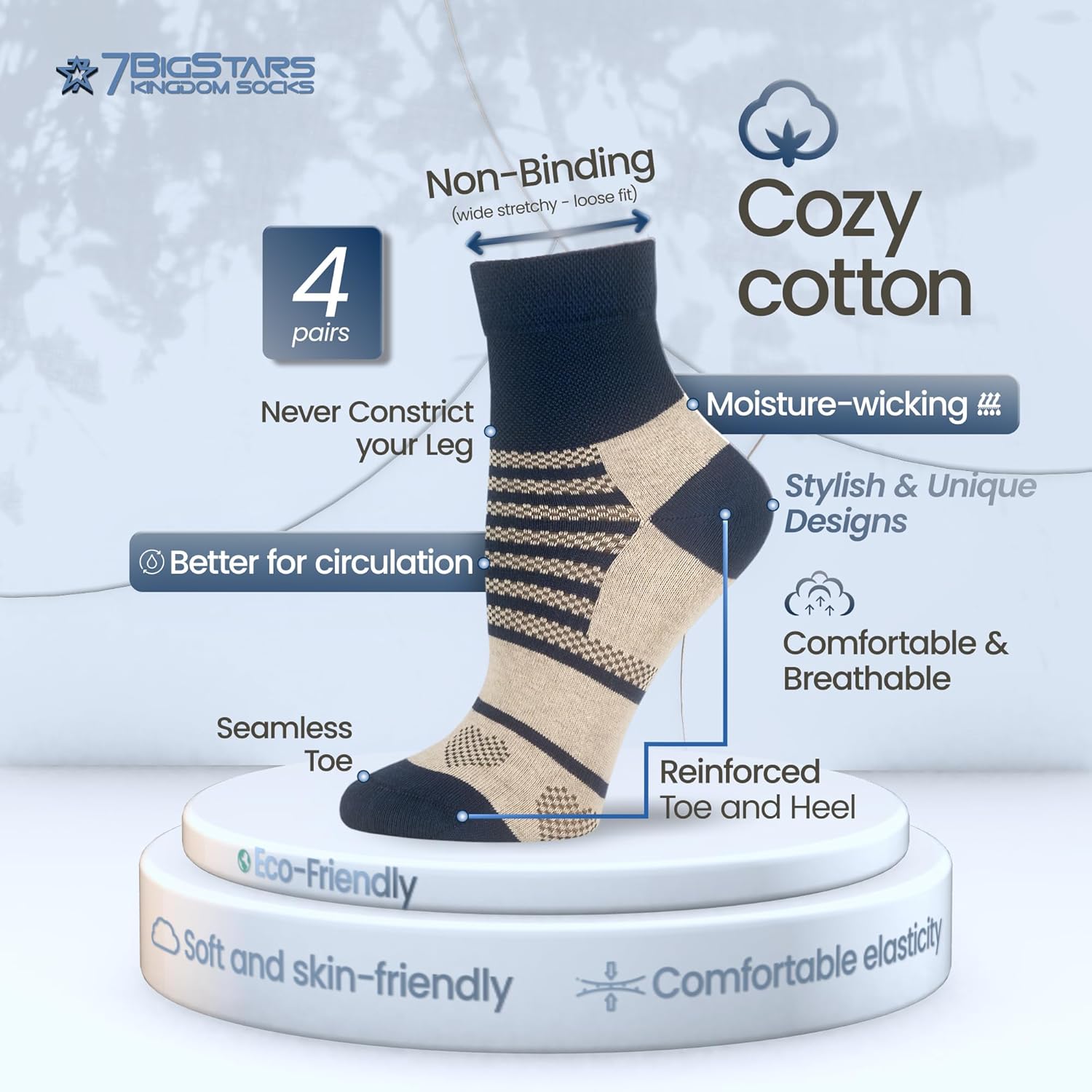 7BIGSTARS KINGDOM Women's Cotton Diabetic Patterned Extra Wide Quarter Socks - 4 Pack Large - Seamless Heart - Sock Size 10-12 Shoe Size 8-12 L Dark Navy, Light Navy, Denim Blue, Ecru - Image 3