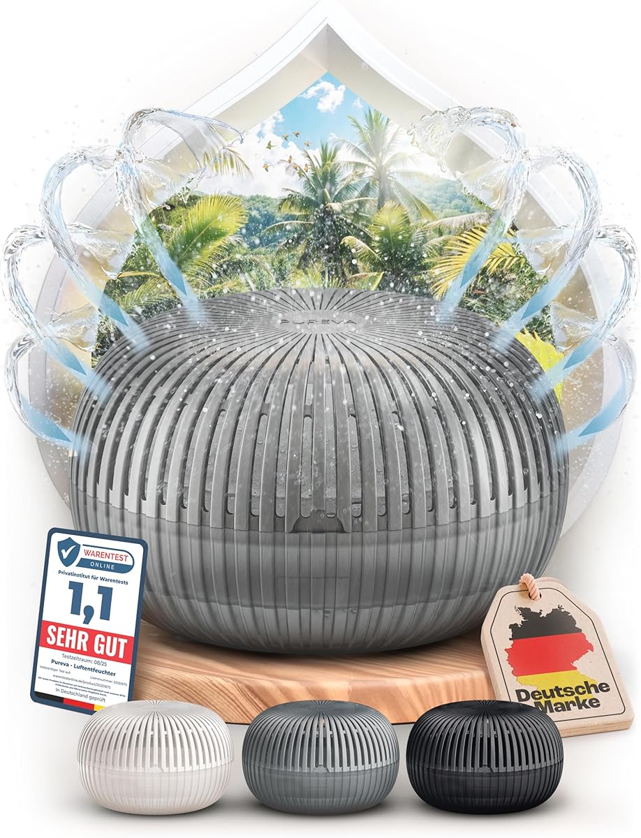 PUREVA Flow Luftentfeuchter ohne Strom bis 25m² [NEUESTE FORMEL] Raumentfeuchter ohne Strom mit 450g Entfeuchter Granulat - Raumluftentfeuchter - Feuchtigkeitsabsorber für ein angenehmes Wohnklima