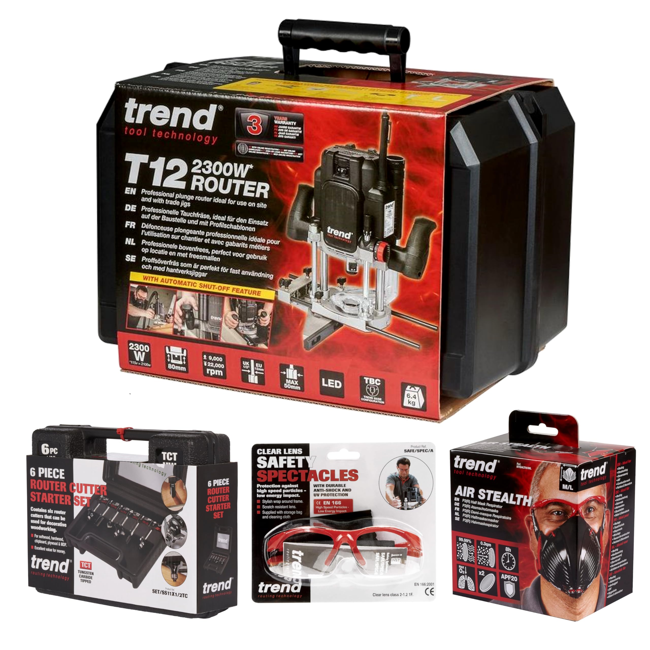 Trend T12 2300W fresadora de inmersión 12 mm, kit 6 fresas UE 230V