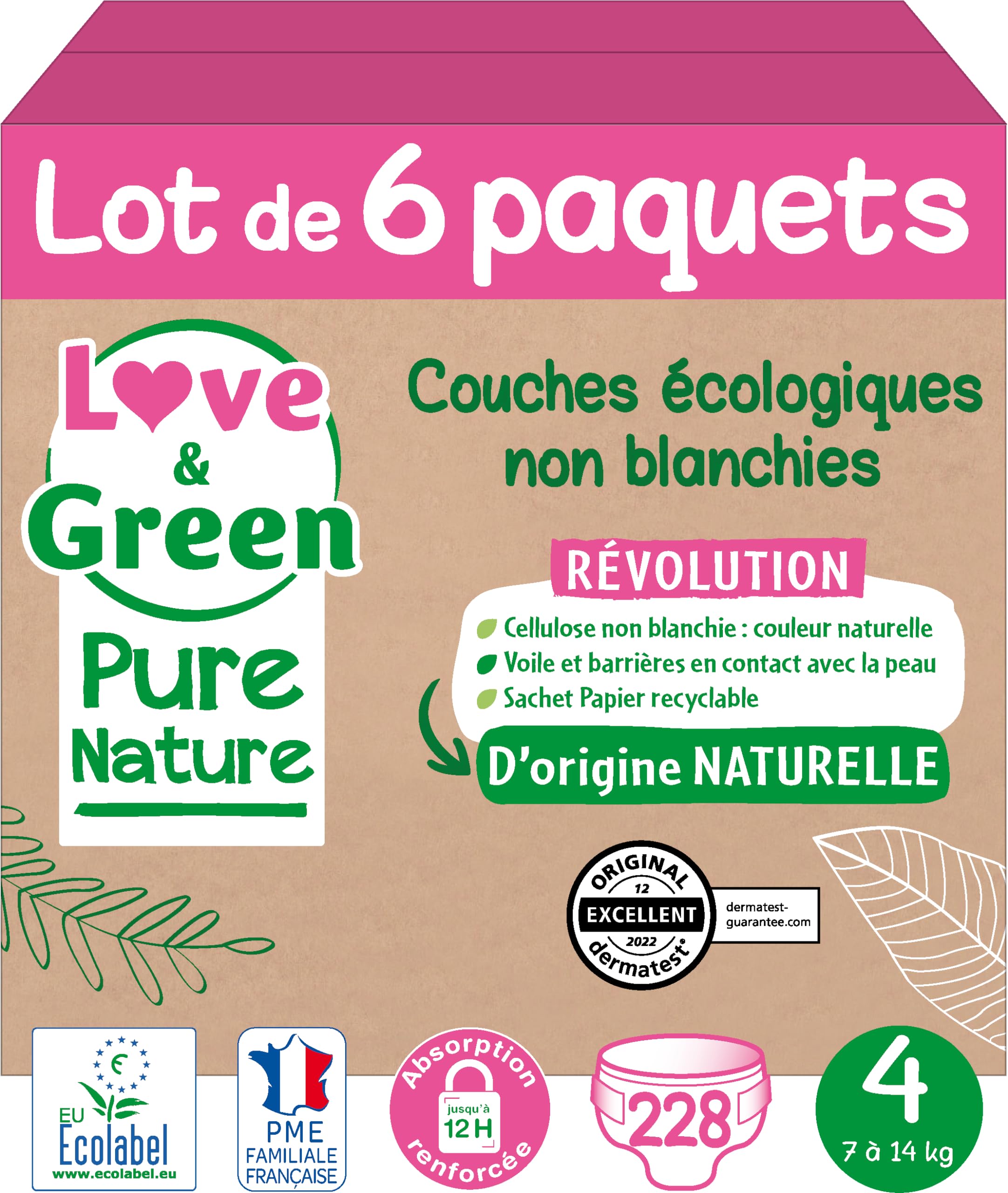 Love & Green Pure Nature Pakiet 6 (po 32 = 192) Niebielonych, przyjaznych dla środowiska pieluch T1 x 32 (2-5 kg)