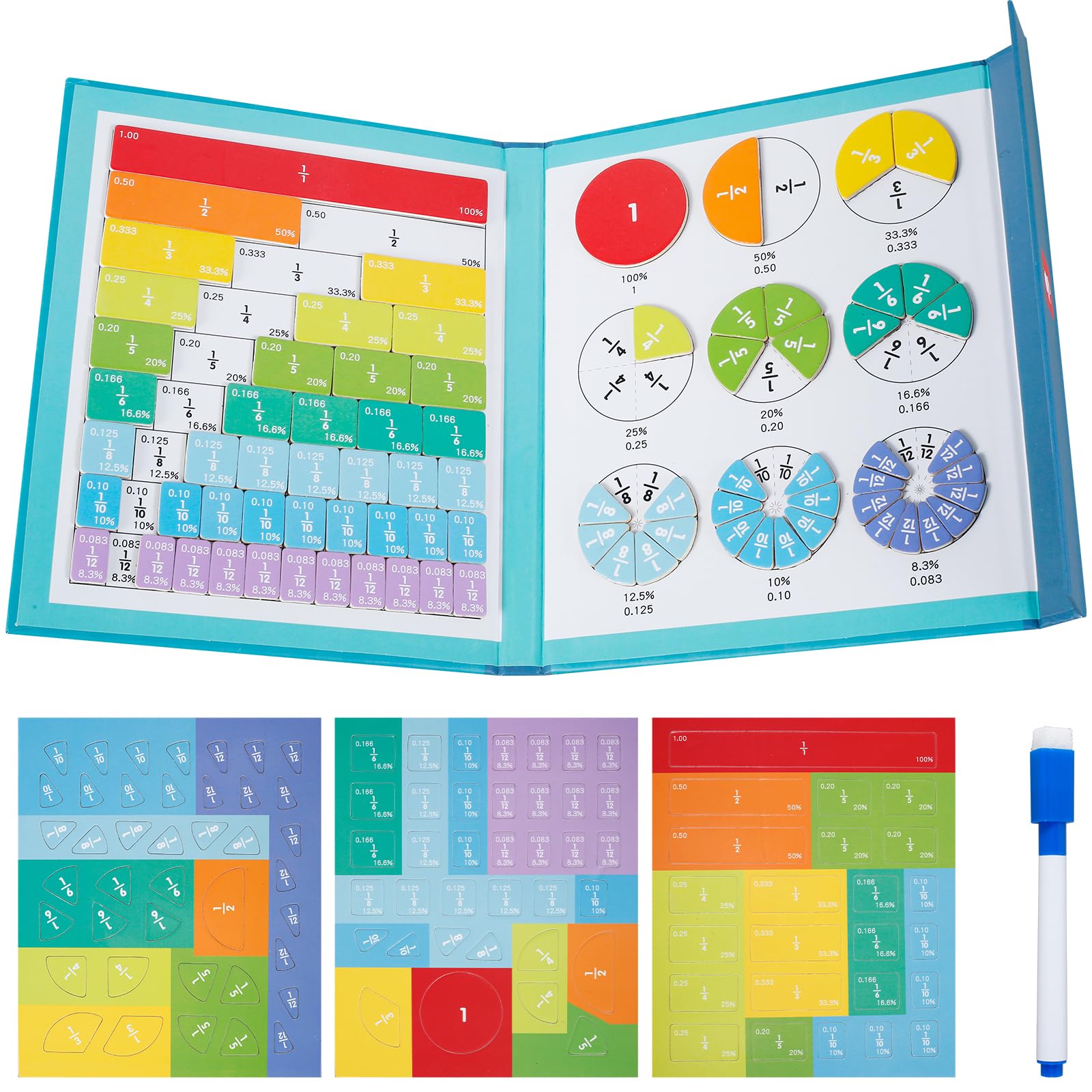 102 Pcs Magnetic Fraction Tiles Circles Set with Pen,Math Counting Board,Montessori Division Board,Fraction Tiles Circles Learning Math Fraction Manipulatives for Kids Preschool Class