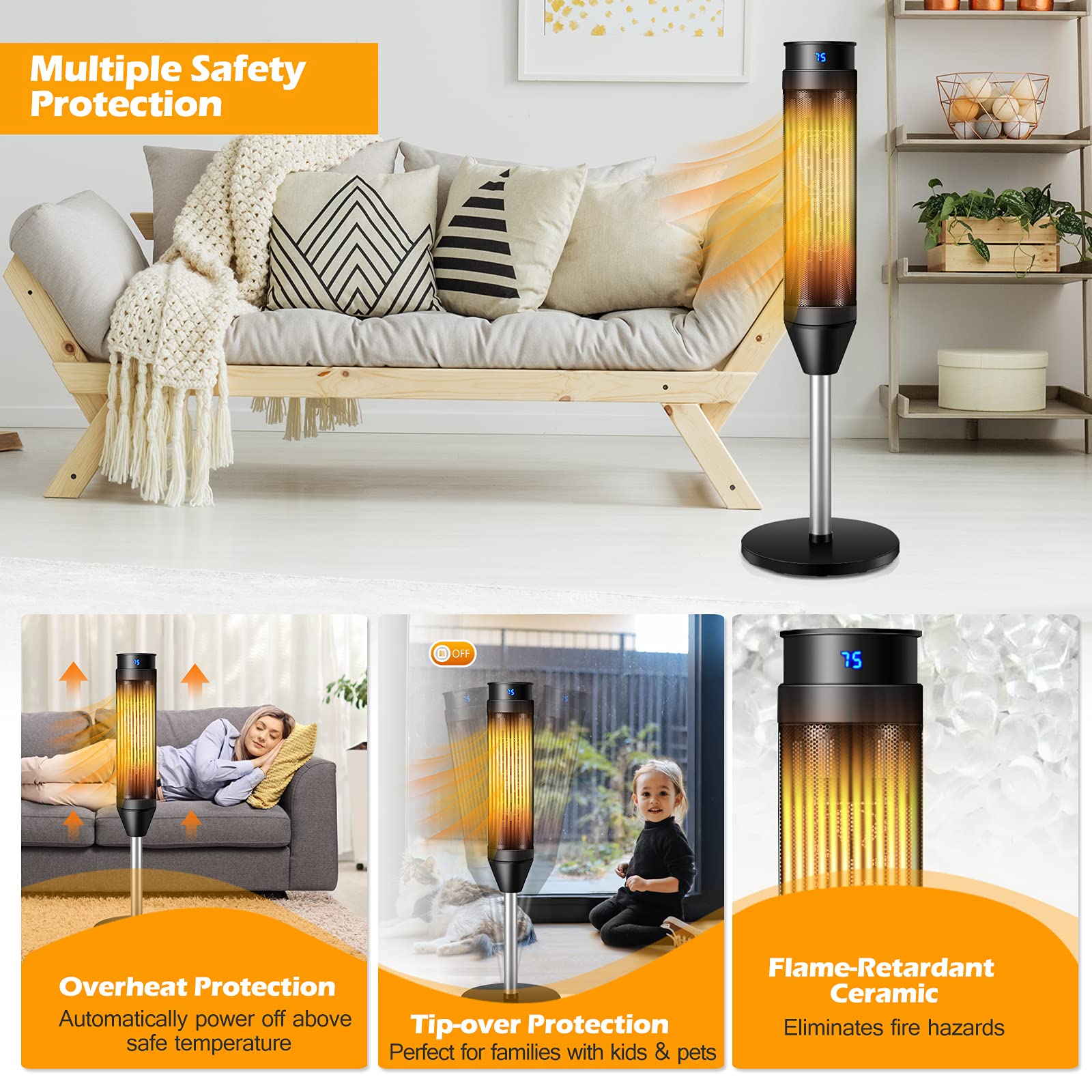 COSTWAY Oscillating Tower Heater, 2000W Portable PTC Ceramic Heaters with  LED Display, Remote Control, Adjustable Thermostat, 8 Timer, Overheat u0026  Tip-over Protection (28 X 28 X 85CM) : Amazon.co.uk: Home u0026 Kitchen