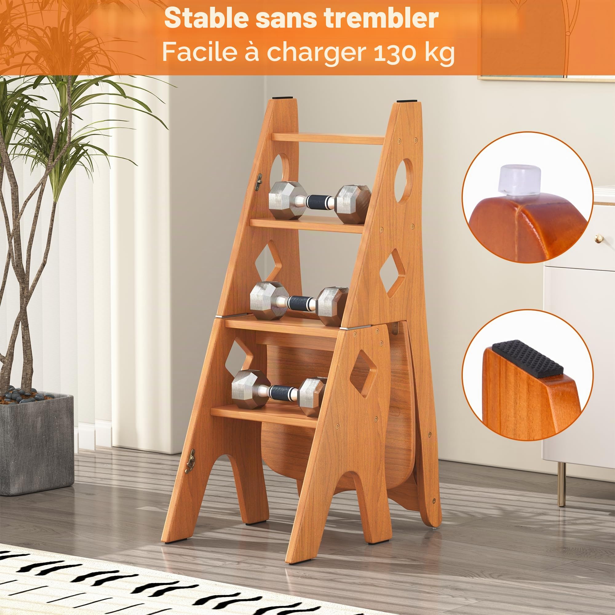 Chaise de bibliothèque pliante en bois massif - Tabouret pliable à 4 marches - Charge maximale : 180 kg - 4 marches d'escalade - Support d'exposition - Marron - 46 x 34 x 87 cm