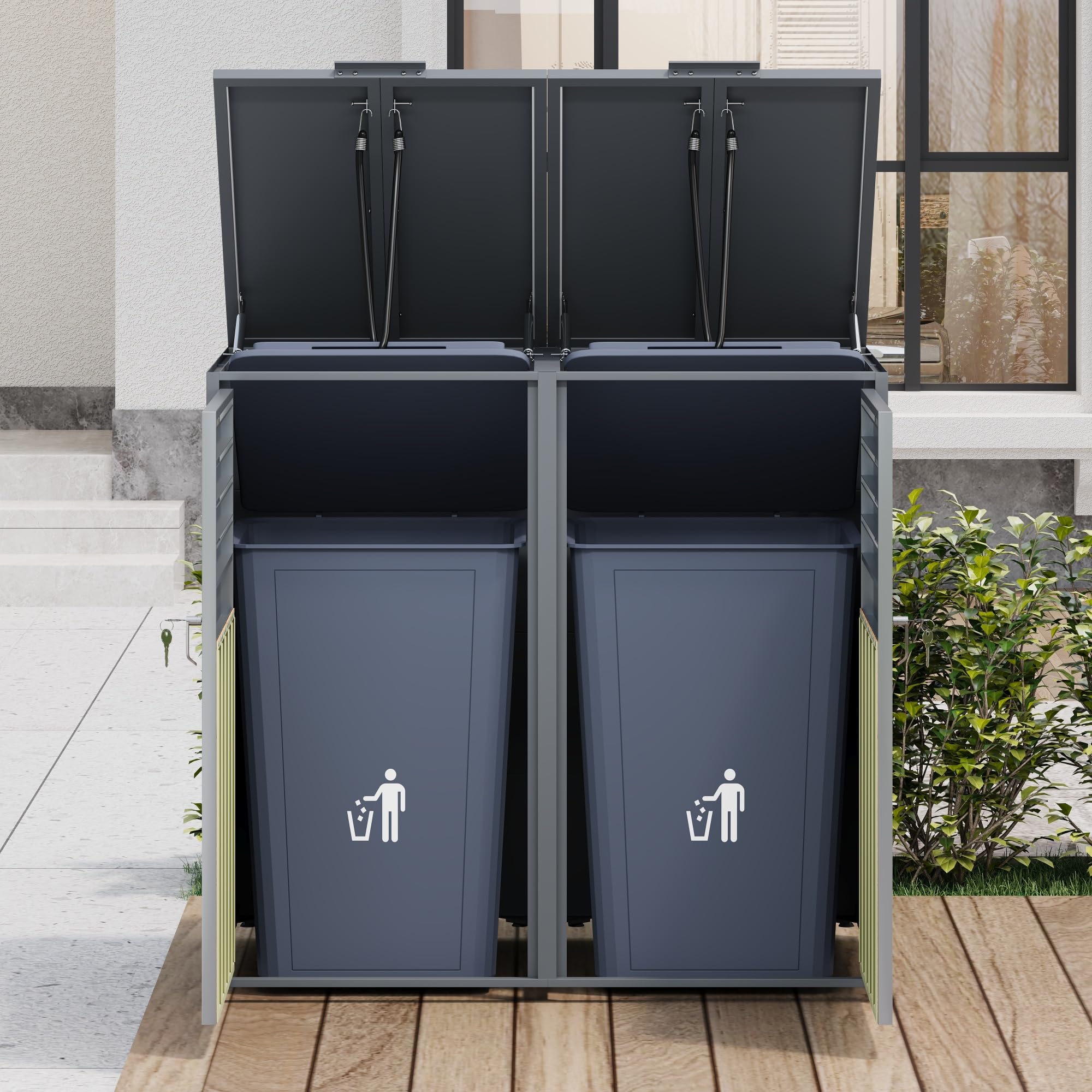 Merax Cache-poubelles 2 avec couvercle à charnière, armoire verrouillable en acier galvanisé, revêtement de poubelles avec ouverture d'aération et lamelles, deux portes