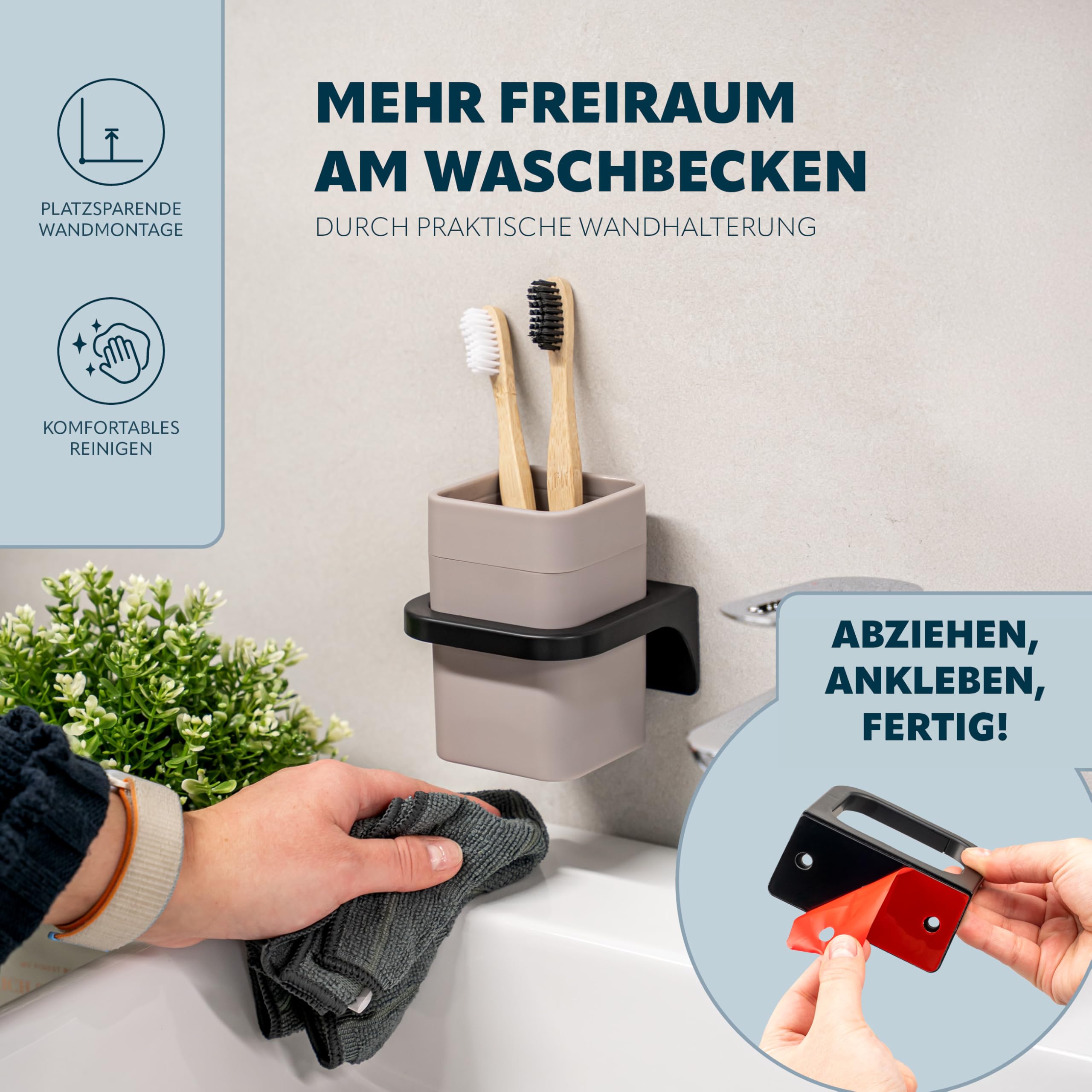 bremermann Zahnputzbecher Savona mit Soft-Touch Oberfläche, eckiger Becherhalter inkl. Wandhalterung zum Kleben oder Bohren, Zahnbürstenhalter aus Kunststoff (Taupe)