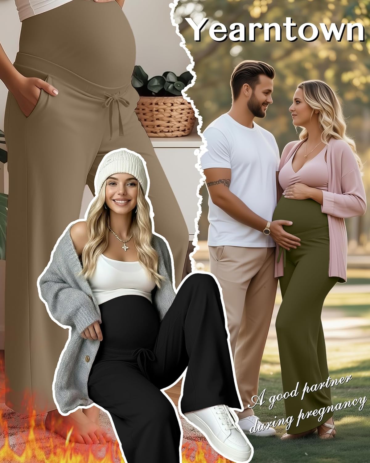 3 Pack Fleece Lined Maternity Pants Pregnant Lounge Pants Wide Leg Casual Sweatpants with Drawing and Pocket