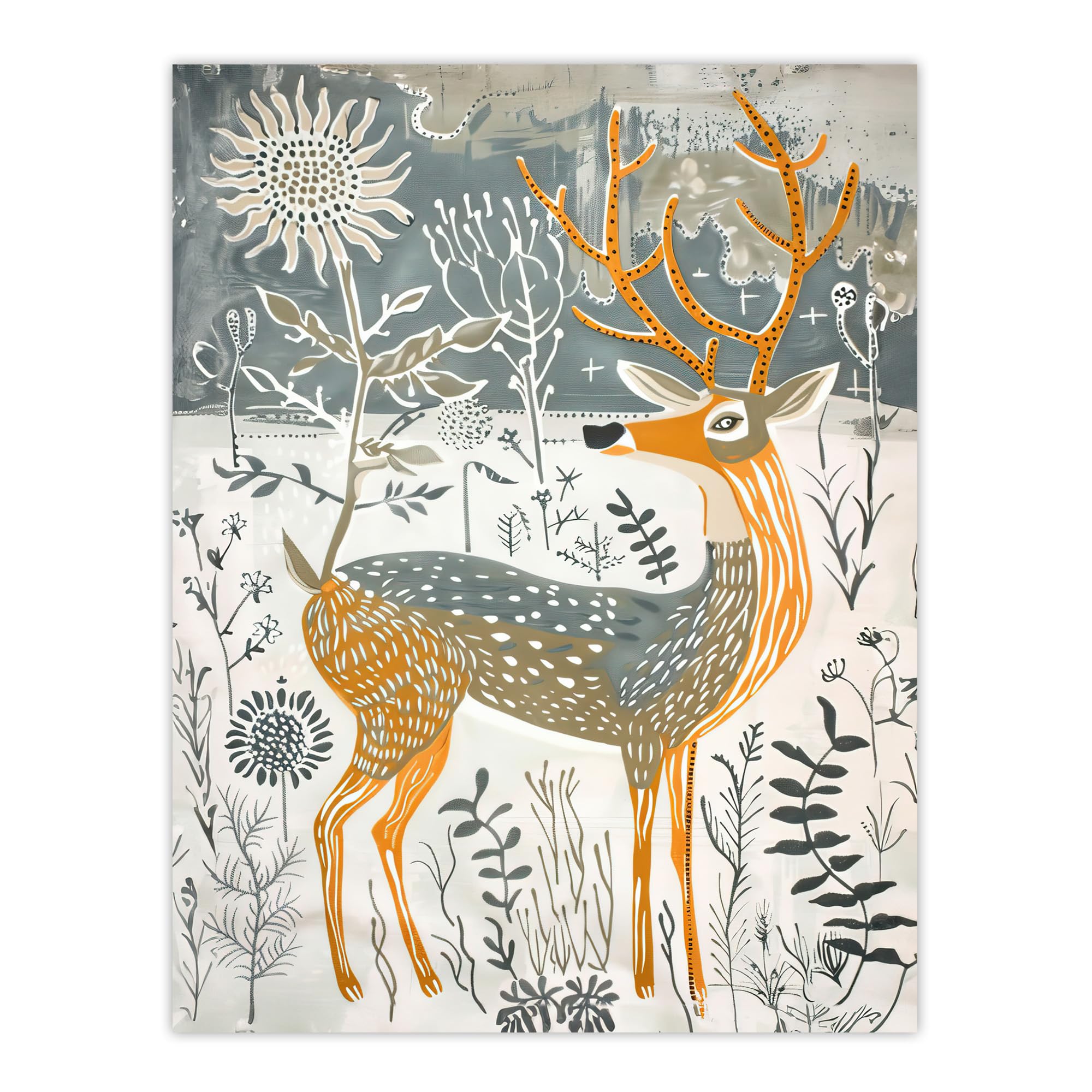 Artery8 Woodland Deer in Snow Wildflowers Winter Folk Art Living Room Extra Large XL Wall Art Poster Print