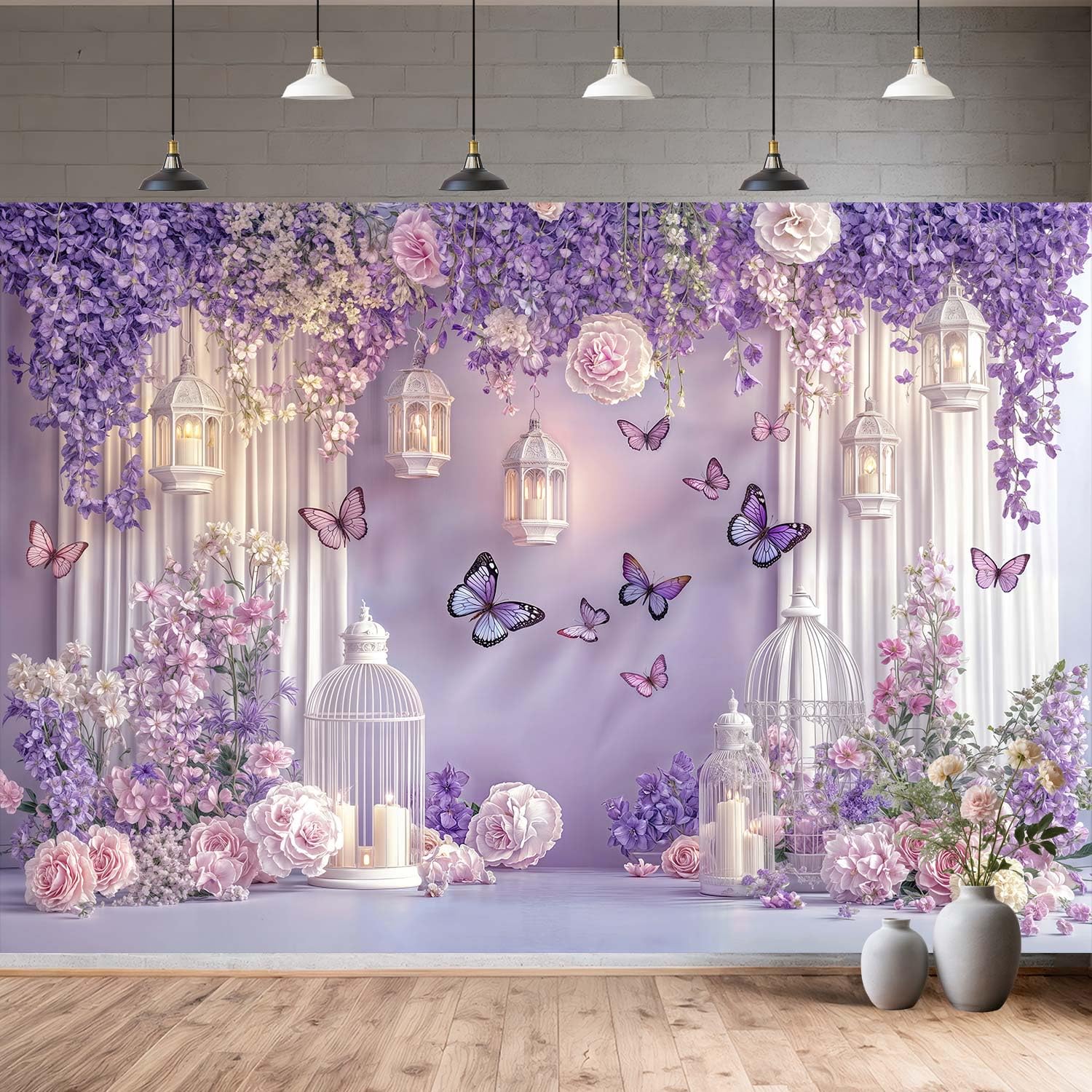 View 1 of 10X8ft Purple Butterfly Floral Backdrop for Photography Butterfly Flowers Theme Girls Party Decorations Background Wedding Birthday Baby Shower Party Cake Table Decor Photo Booth Props
