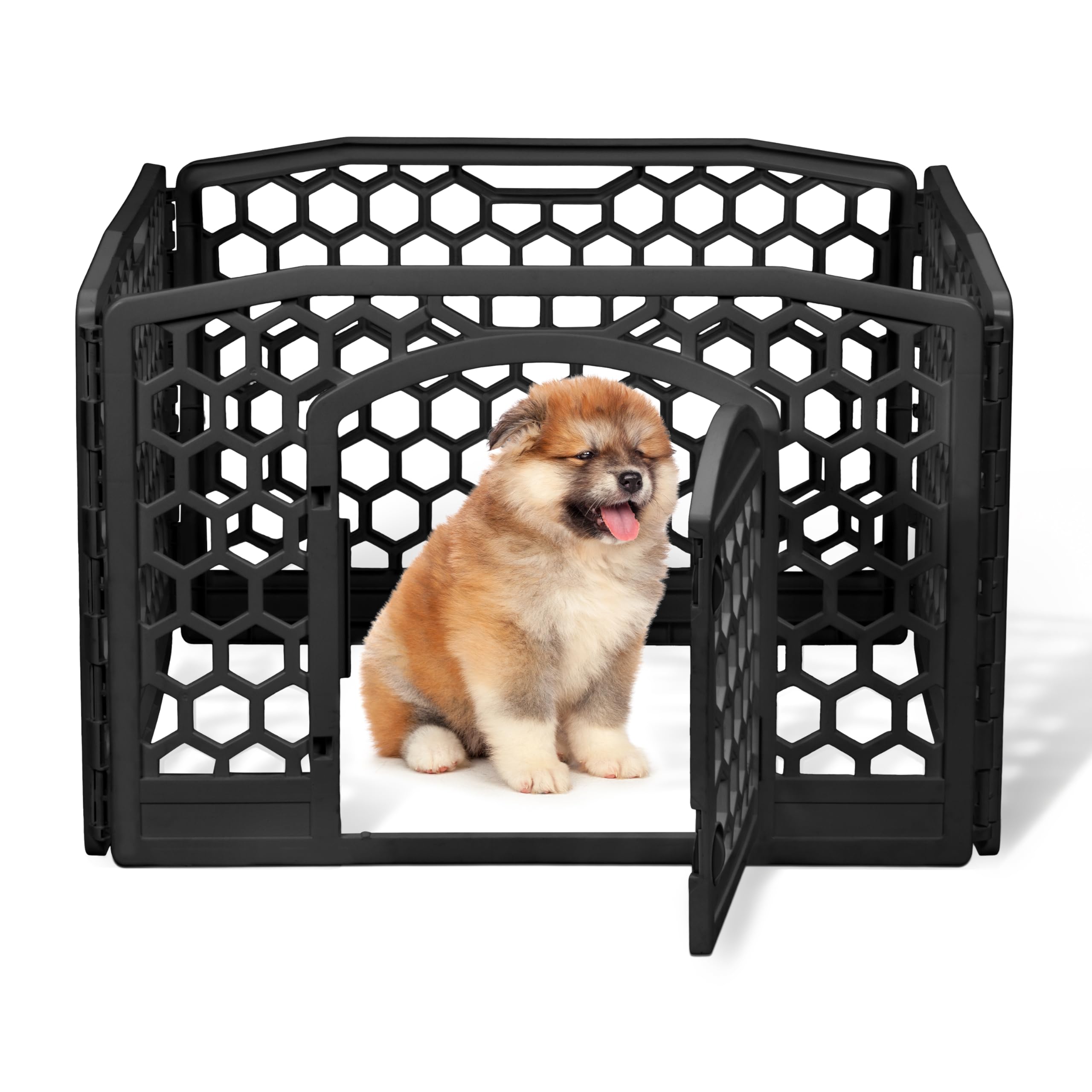 Iris Ohyama, Parque para Perros Interiores, Exterior con 4 Paneles y Puerta Cerrada, H58cm, Negro, Jaula, Enclos, Cierre para Perros, Cachorro, Gato, Conejo, Mascotas, Plástico, CI-584HC