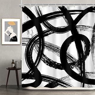 Black White Abstract Shower Curtain 60Wx72L Inch Modern Graffiti Minimalist Line Simple Shower Curtain Bathroom Set Sketch Cool Unique Waterproof Bath Decoration Accessories Home Decor