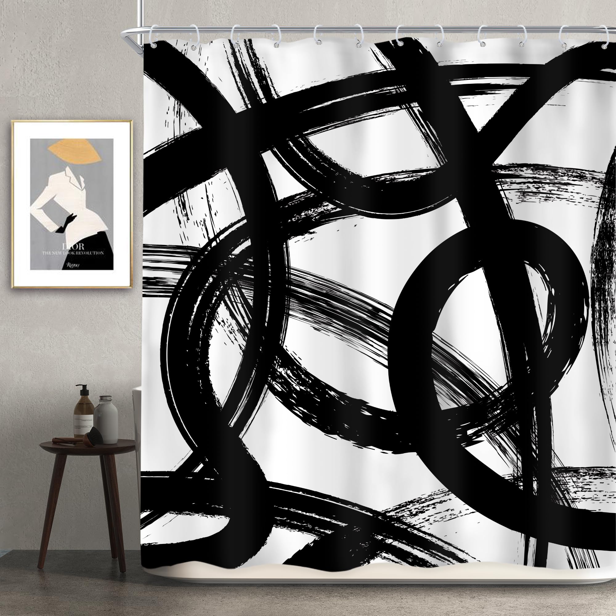 Newsely Black White Abstract Shower Curtain 60Wx72L Inch Modern Graffiti Minimalist Line Simple Shower Curtain Bathroom Set Sketch Cool Unique