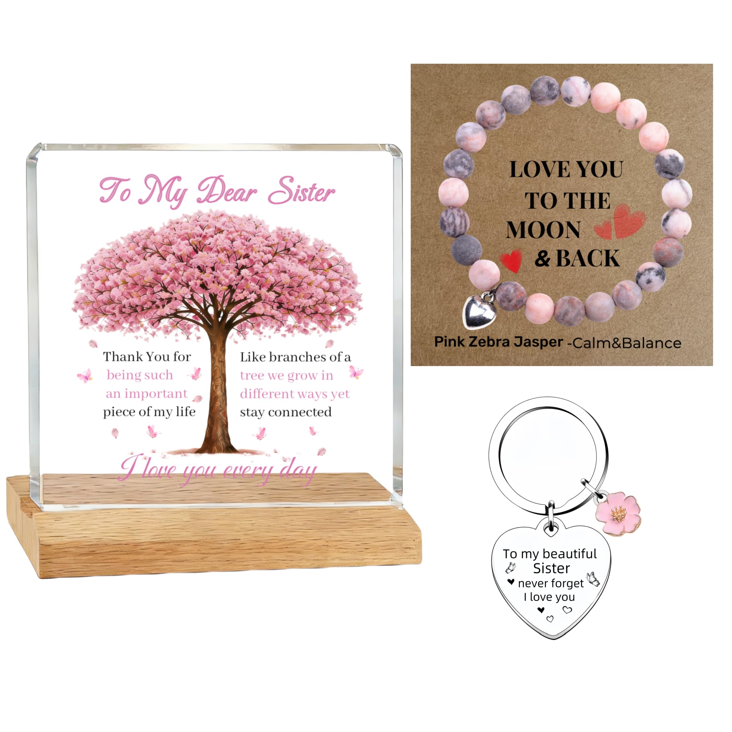 Sister Gifts Set, Birthday Gifts for Sister, Best Sister Gift with Heart Plaque Decor, Keychain & Pink Beaded Wristlet, Special Sister Gifts for Sister Birthday, Christmas, Present for Sisters