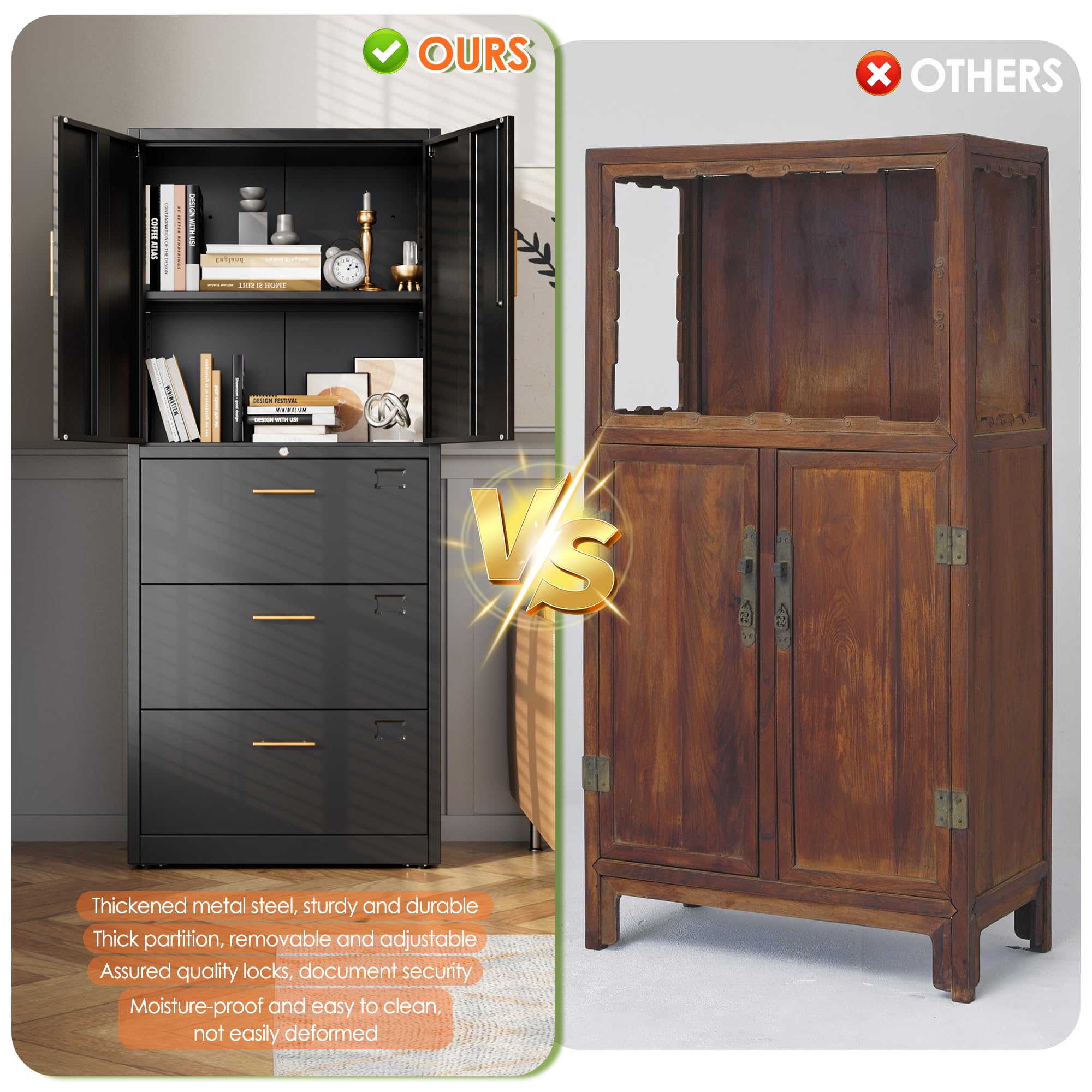 Aobabo Metal Storage Filing Cabinet mit 3 Schubladen, Metall -Büro -Aktenschrank mit abschließbaren Türen und Schubladen für Home Office, Hangdateien Brief/Rechtsgröße, Schwarz, Schwarz