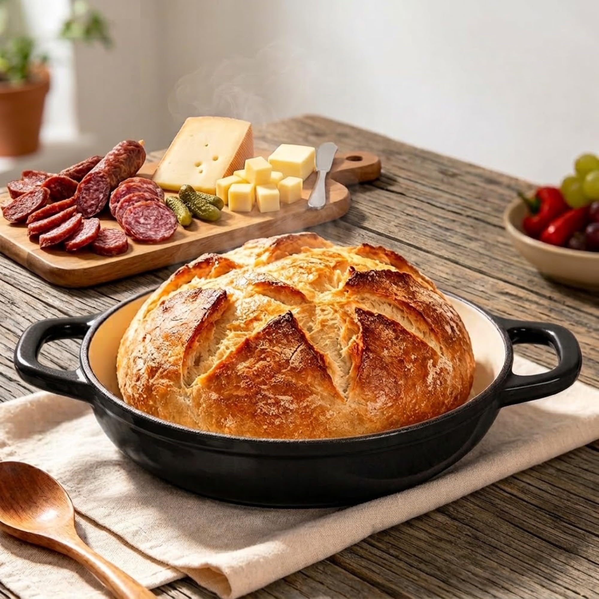 osoltus Gusseisen Brotbackform Set mit Kupeldeckel Silikonmatte Handschuhe Gärkorb 26cm Emaille Schwarz