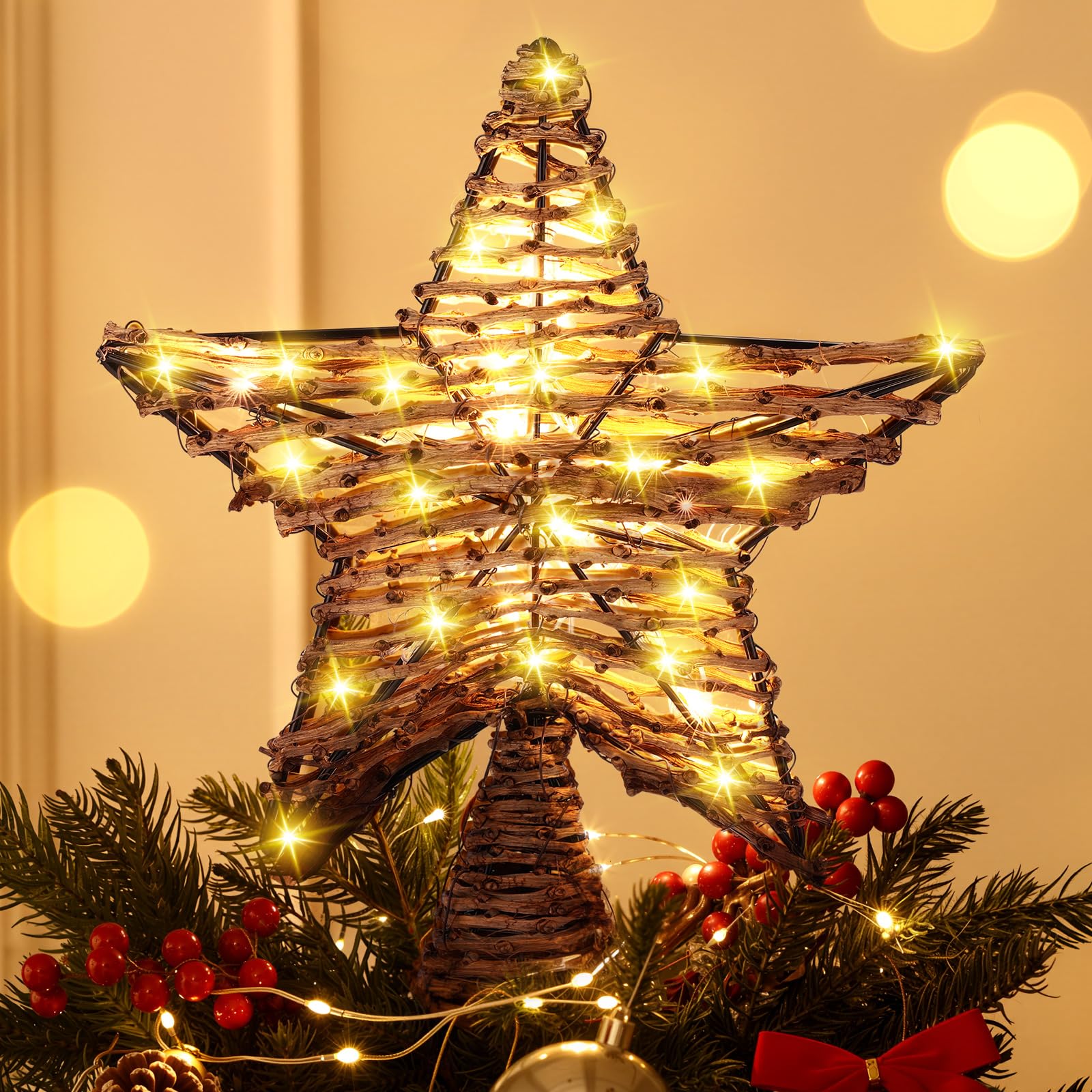 Threan Estrella de ratán de Navidad, 14 pulgadas de arpillera de ratán con luces cálidas, decoración rústica para árbol de Navidad, adorno de árbol de Navidad, fiesta en el hogar en interiores (15