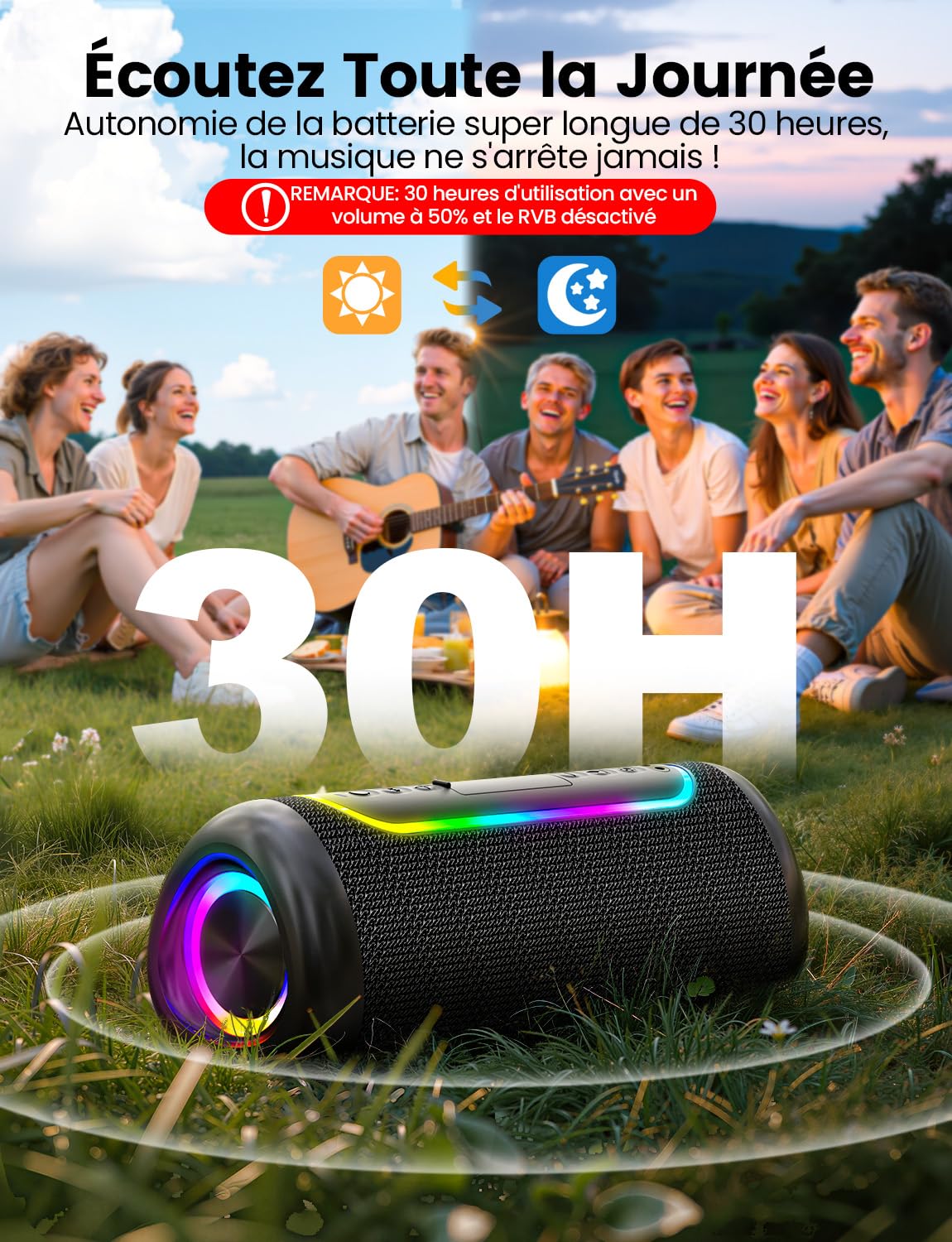 Enceinte Bluetooth Portable 30W Bluetooth 5.4 TWS 360° IPX5 Jusqu'à 30H Portée 30m