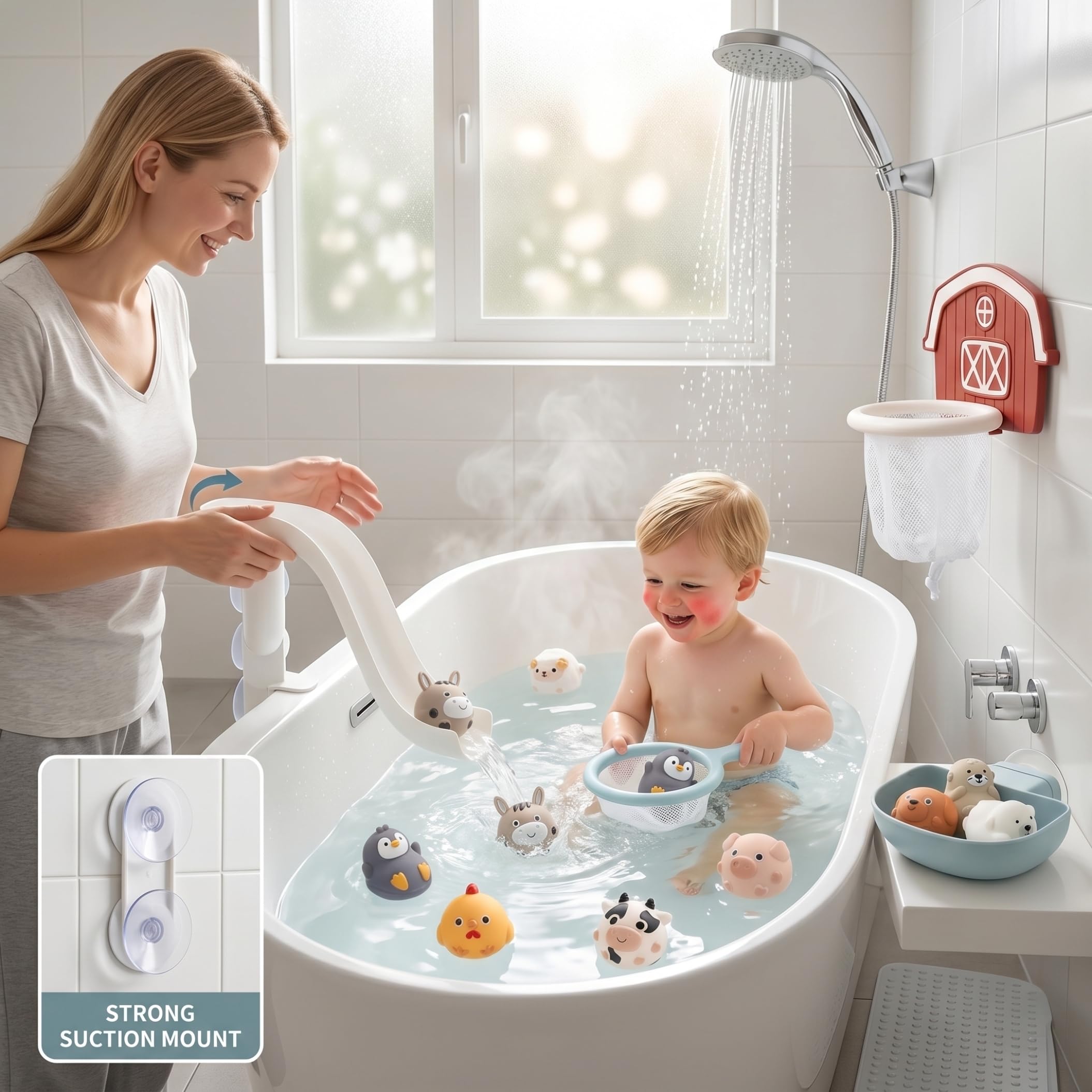 Badespielzeug für Kinder, 13 Teile/Set, Badespielzeug, Rutsche mit schwimmendem Tier-Reifennetz, interaktives Badewannen-Spielset, ideal für Babys, Mädchen und Jungen
