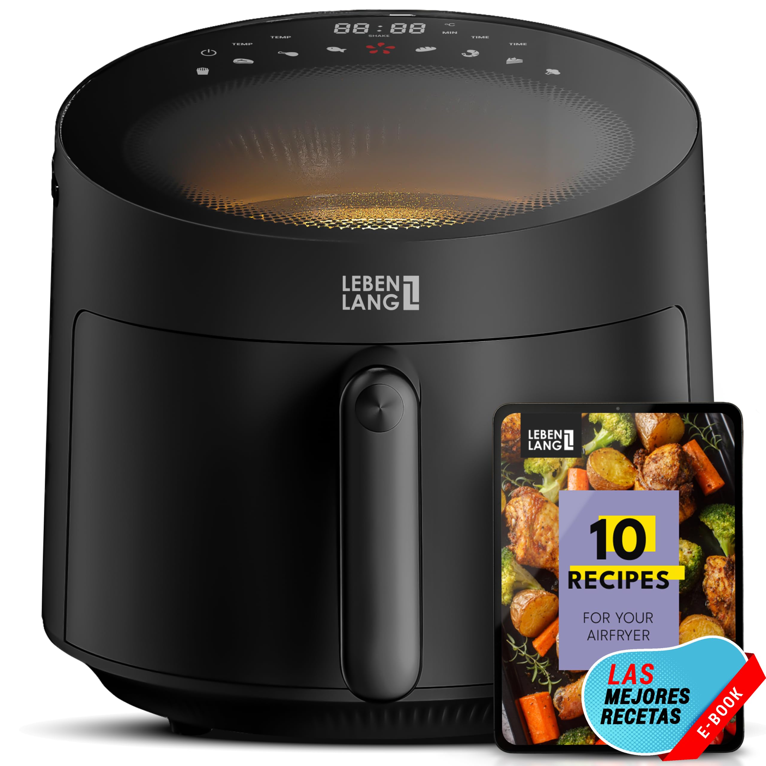 LEBENLANG Freidora aire 5 litros & 1500W - Incl. libro de recetas & 8 programas I Air fryer caliente cristal sin aceite & grasa I Airfryer Freidoras de aire pequeña Air frier frayer Airfrier Airfrayer