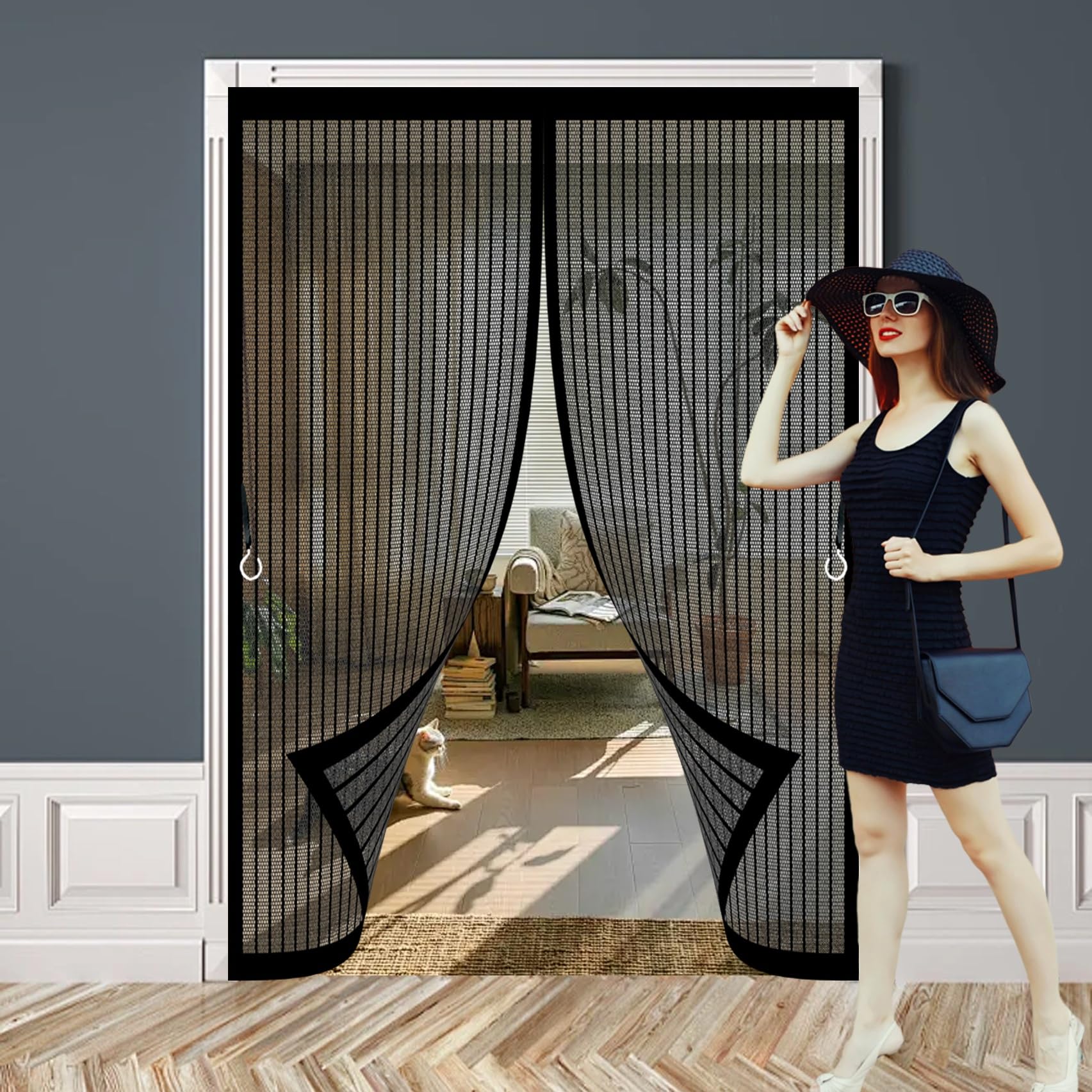 Xueqxue Black Magnetic Door Curtains Fly Screen 116 X 206 Cm Powerful Magnets, No Drill Installation, Automatically Closes, For Keeping Out Flies & Bug Magnetic Bug Curtain For Patio Doors Bedroom,