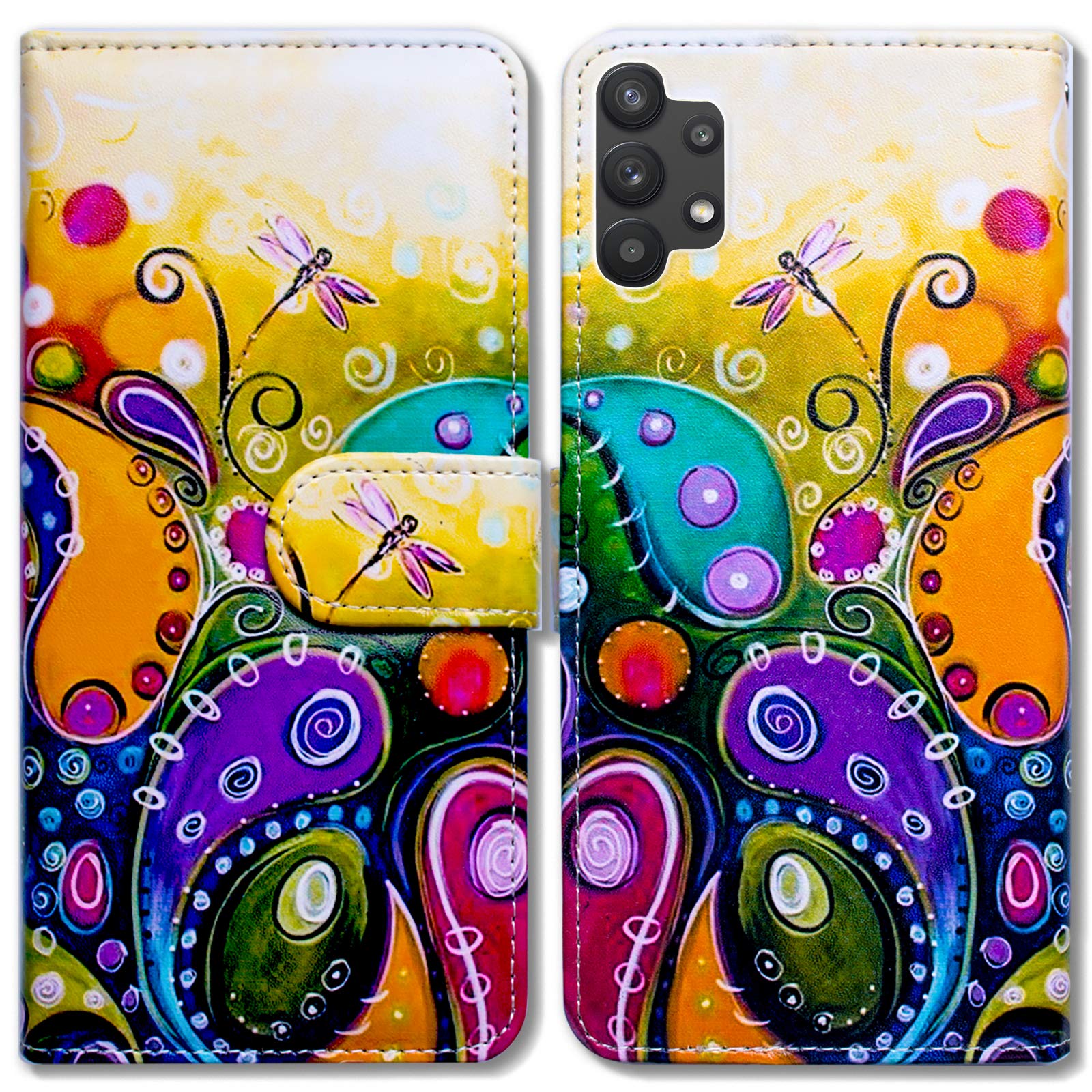 Bcov Case for Galaxy A32 5G, Colorful Dragonfly Leather Flip Phone Case Wallet Cover with Card Slot Holder Kickstand for Samsung Galaxy A32 5G 2021
