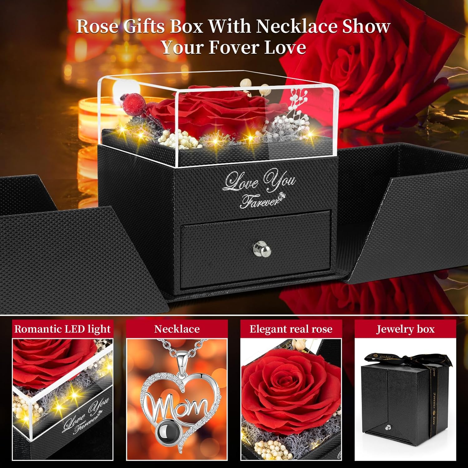 Gifts for Mom from Daughter and Son, Unique Mothers Day Birthday Gift Idea, Preserved Red Real Roses with I Love You in 100 Languages Mom Necklace, Cool Present to Mother Mama -Red - Image 2