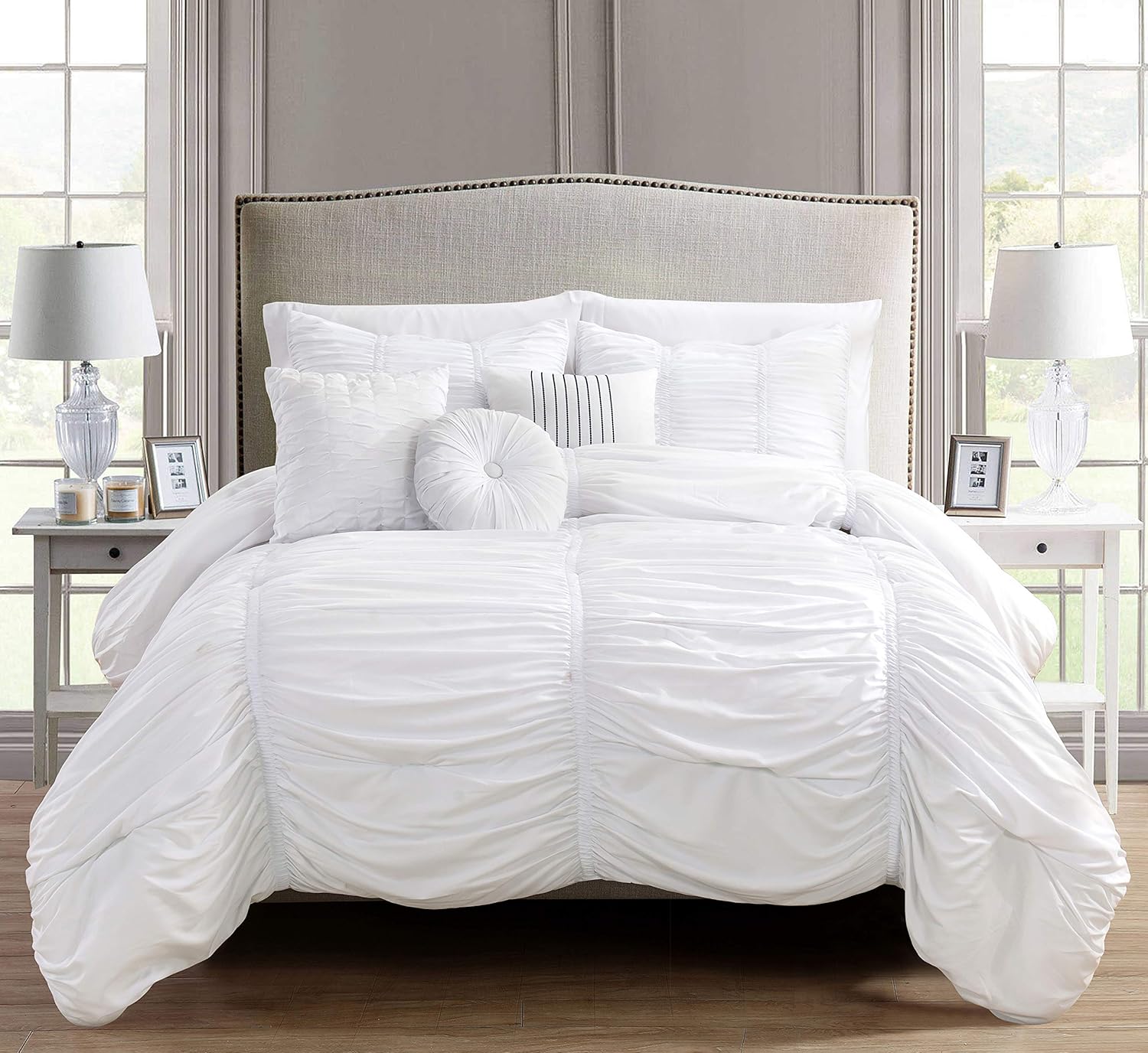 Elegant Comfort Luxury Best, Softest, Coziest 10-PIECE Bed-in-a-Bag Pleated Comforter Set, Ruched Ruffle Comforter Set Includes Bed Sheet Set with Double Sided Storage Pockets, Full/Queen, White