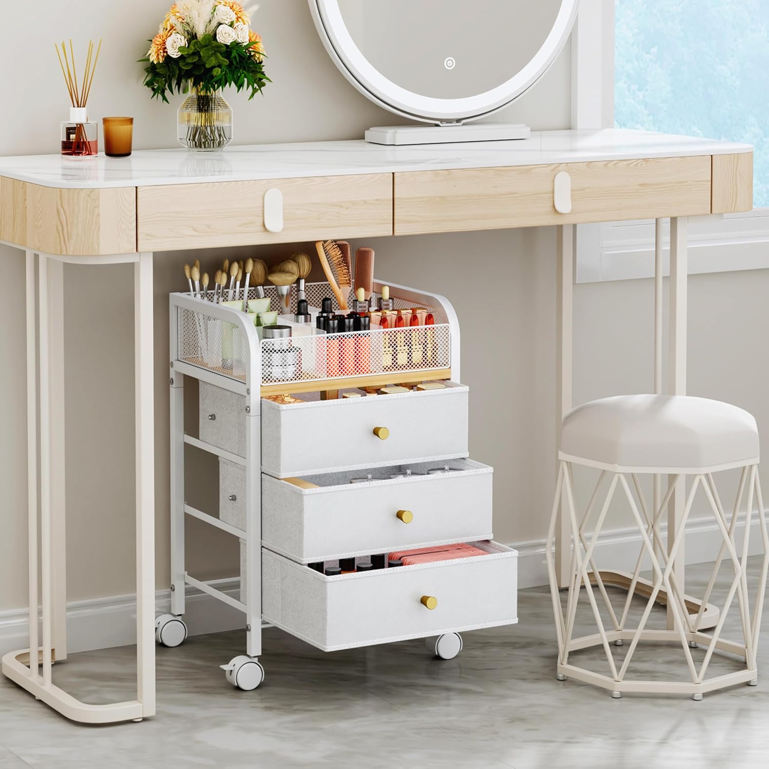 SWTYMIKI Rolling Makeup Organizer Cart - 14.96″*11.81″*23.03″ Widened Under Desk Vanity Storage with 3 Non-woven Drawers, Cosmetic Display Cases for Skin Care Perfume Nail Polish Brush Hair Tool White