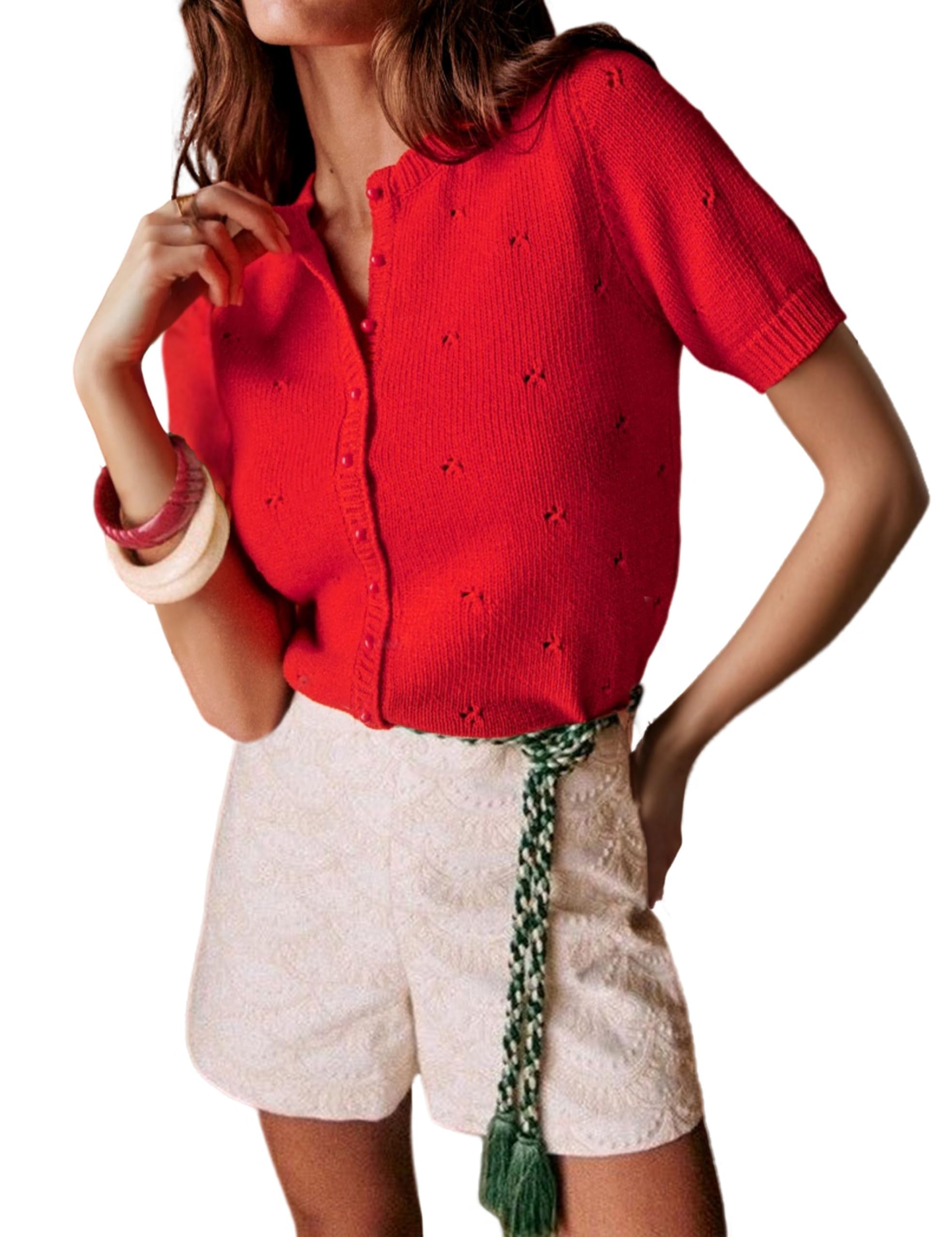Bianstore Womens Casual Short Sleeve Crewneck Button Down Cardigan Sweater Crochet Knit Top