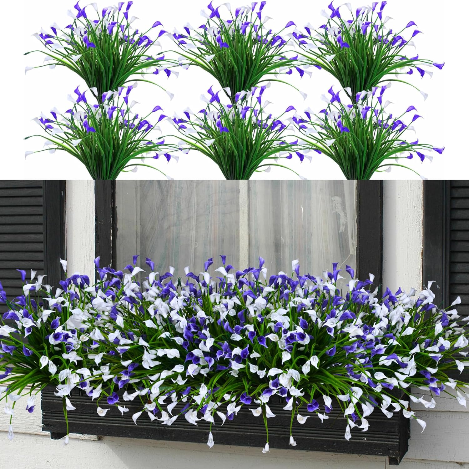 INXUGAO 24 Bundles Calla Lily Artificial Flowers for Outdoors, UV Resistant Faux Plastic Flowers for Home Porch Yards, Fake Plants for Spring Summer Cemetery Decor (Purple White)