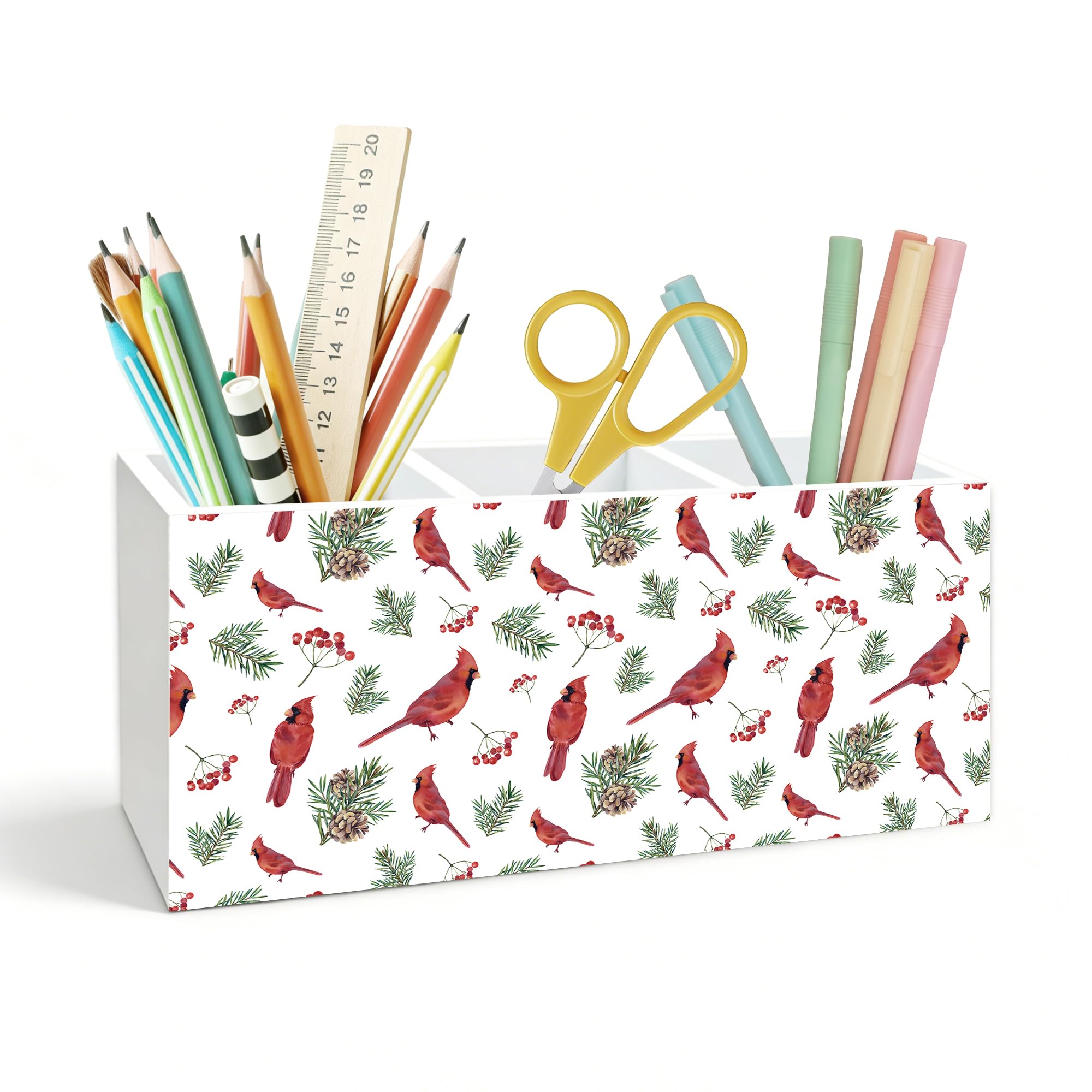 Roter Kardinal-Stifthalter für Schreibtisch, Kardinal-Liebhaber, rote Vogel-Stechpalmenbeere, Holzbox, Stiftehalter, Organizer für Zuhause, Büro, Schreibtischzubehör