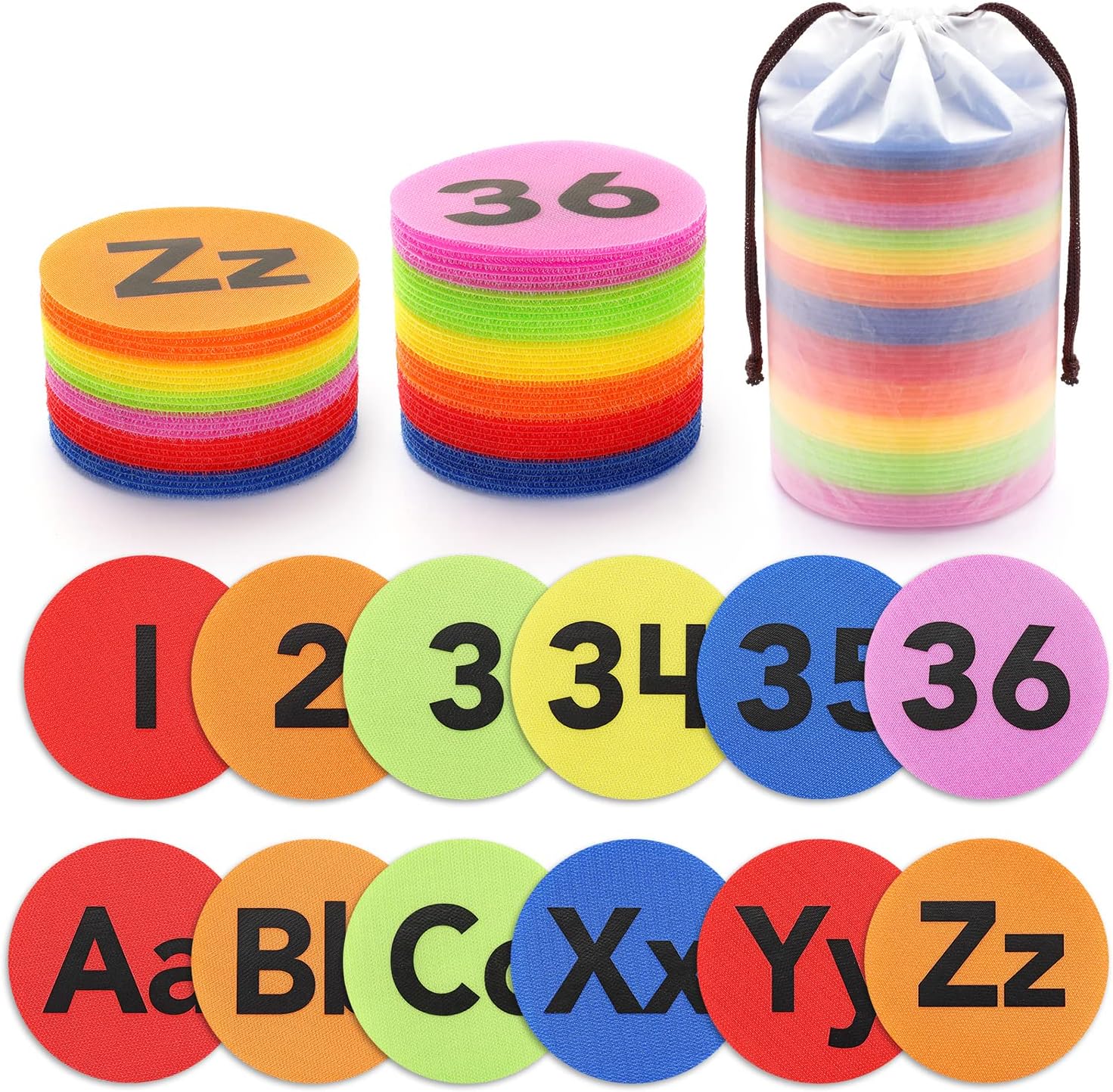 Carpet Markers 62 PCS 4"- 36 PCS Multicolor Numbers (1-36) Spot Markers + 26 PCS Letters (A-Z) Carpet Dots for Classroom, Carpet Marker Spots Circles Dots, Teachers, Preschool, Kindergarten