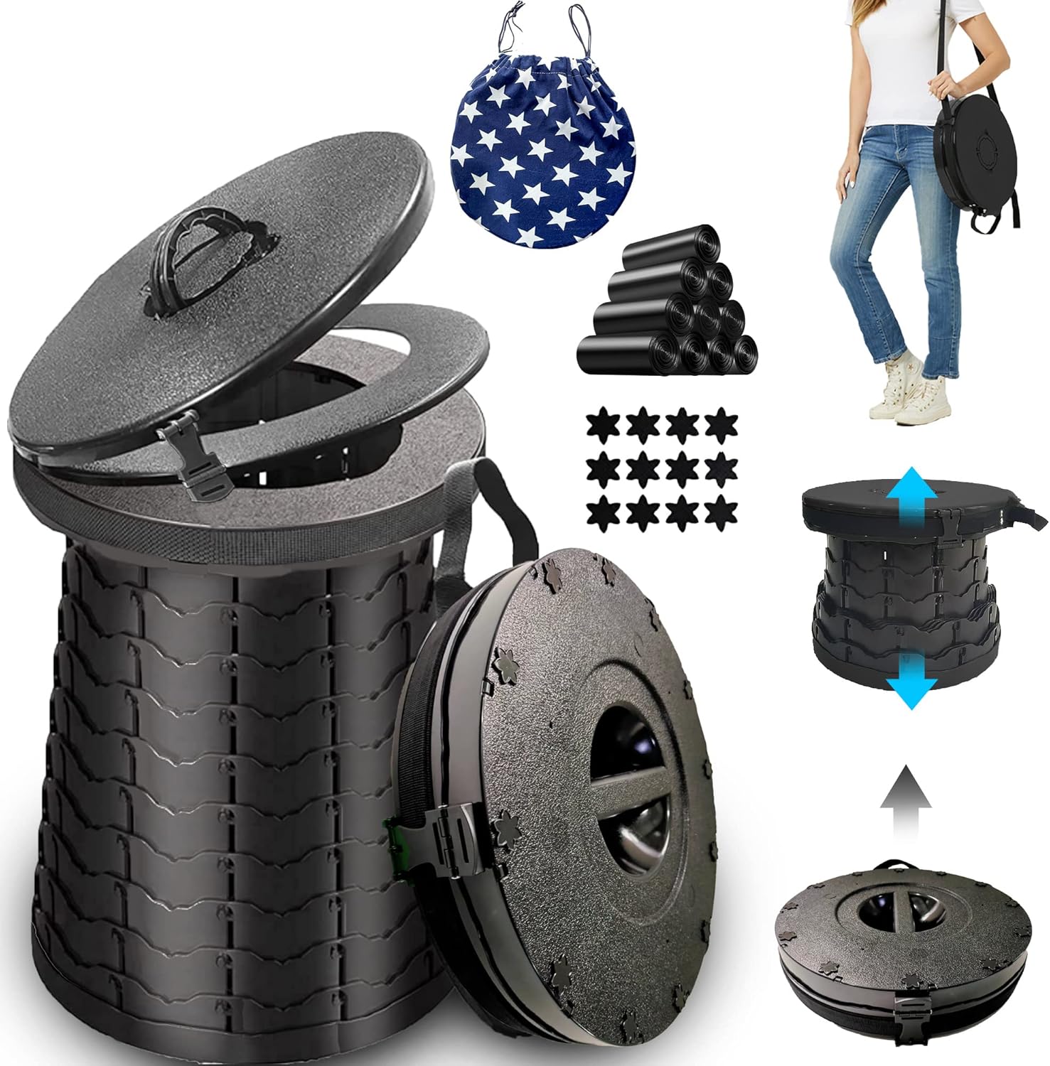 Upgraded XXL Retractable Portable Toilet for Camping Height Adjustable Travel Toilet Foldable Camping Toilet Portable Toilet for Adults Collapsible Stool Camping Toilet with Trash Bag&Carry Bag Black