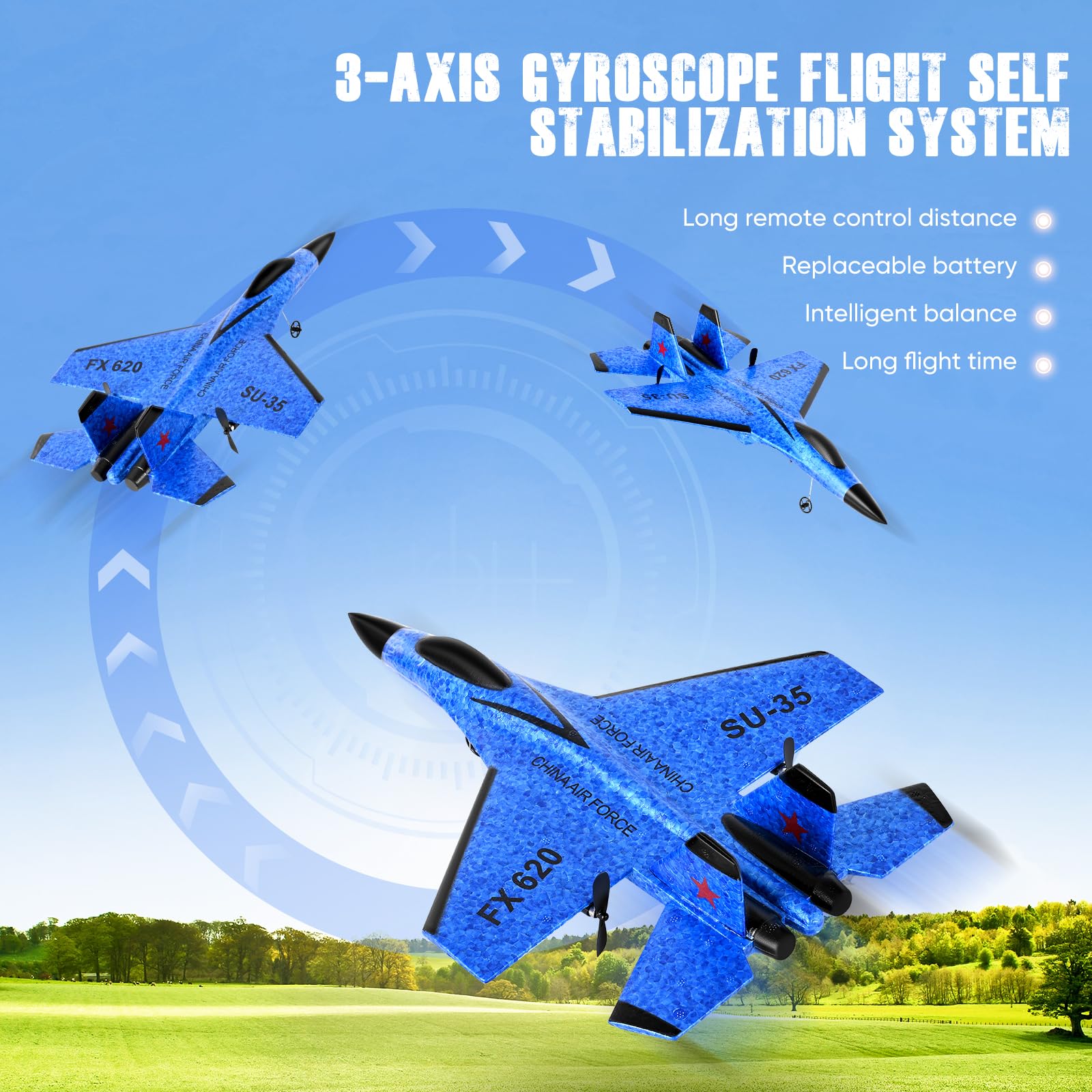 Avion Télécommandé 2.4 GHz RC, 2 Modes Démarrage, Gyroscope 3 Axes, LED, USB, Bleu